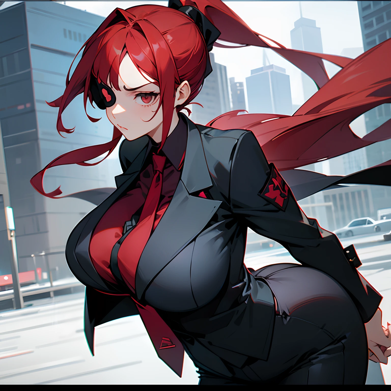 1girl,solo,blue eyes,huge breasts,( sagging breasts:1.7),red hair,grin,bodysuit ,Sweat,outdoor,night sky,sread legs, ,rooftop ,bodysuit ,sci-fi,cyberpunk