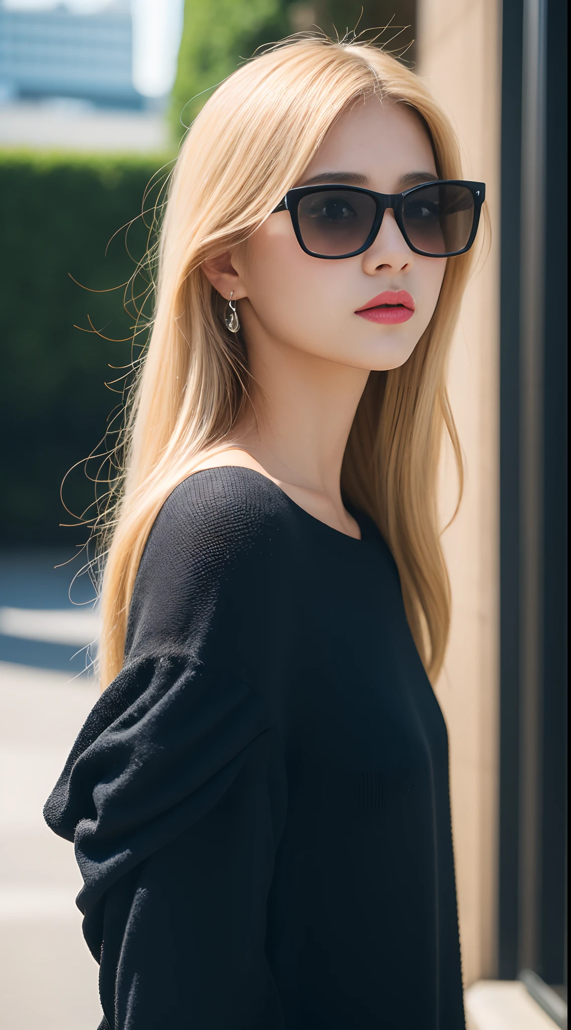 ((Day, Best Quality, 8K, Realistic)), Half Body: 1.4, Slender Abs: 1.2, ((Long ash-blonde hair, Medium Breasts: 1.2)), (White long sleeves, Tight short pants, Tone sunglasses, Swag black beanie, Off_shoulder, Walking: 1.2), (Outdoor, Side road, Realistic streets background, Day lights), Highly detailed face and skin texture, detailed eyes, double eyelids, 1 person, swag, badass, (Face looking at the camera, Taking selfie, Selfie camera view, Selfie: 1.2)