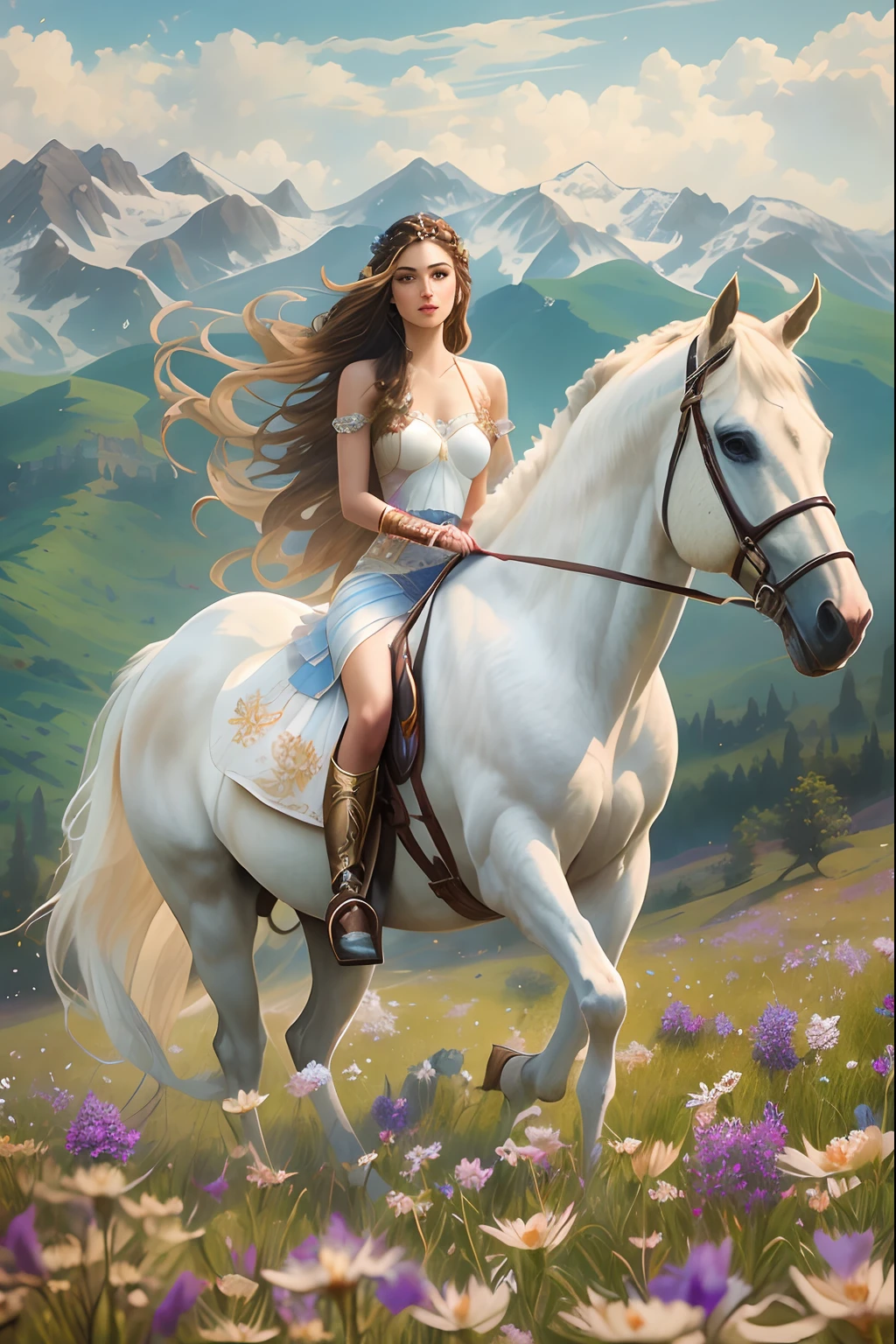 there is a woman riding a horse in a field of flowers, beautiful fantasy art, karol bak uhd, romance novel cover, fantasy art behance, fantasy art style, realistic fantasy illustration, beautiful digital artwork, very beautiful fantasy art, epic fantasy art style hd, digital fantasy art ), epic fantasy digital art style, gorgeous digital painting, 4k fantasy art