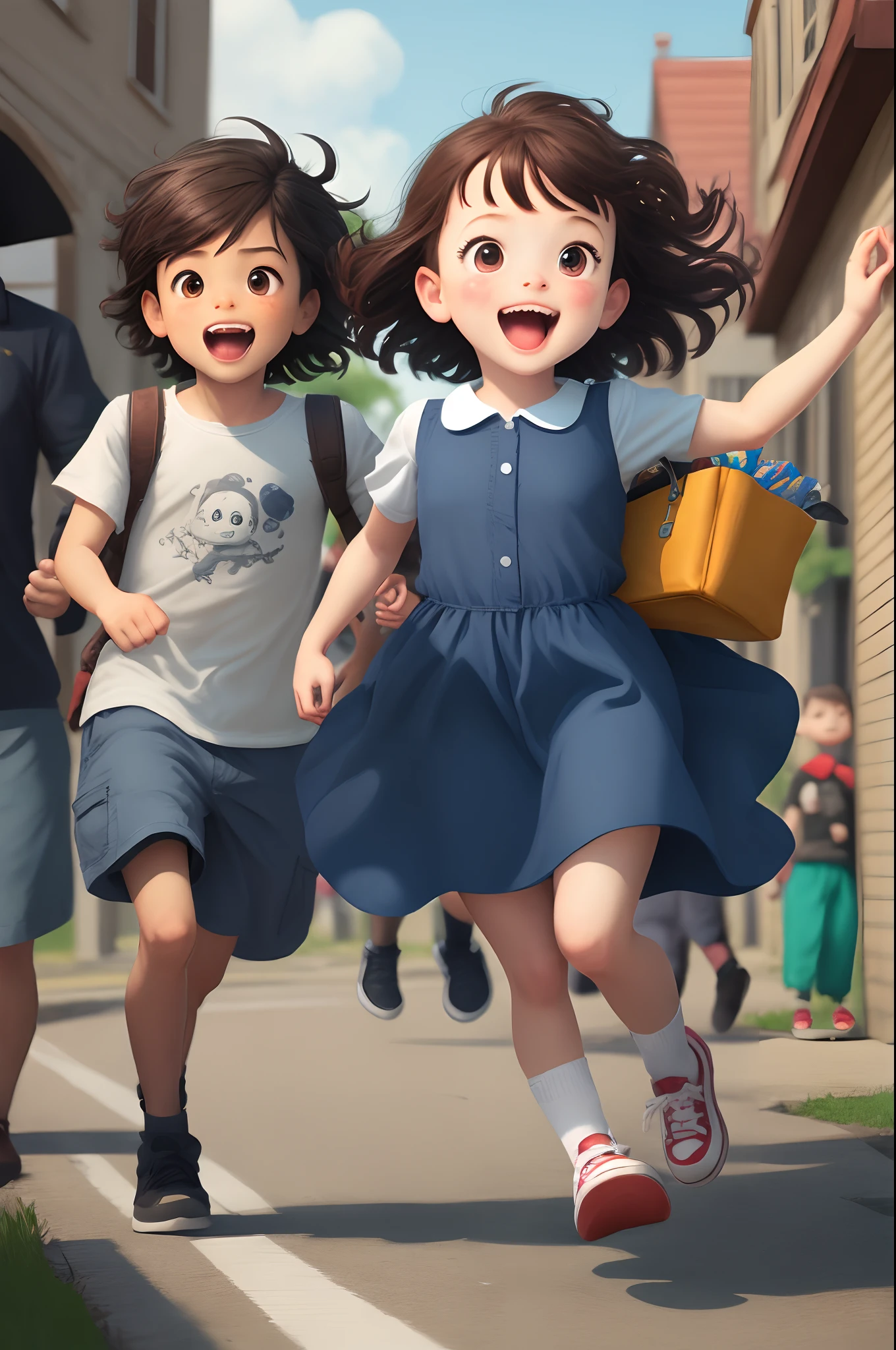 Chasing children,cartoony