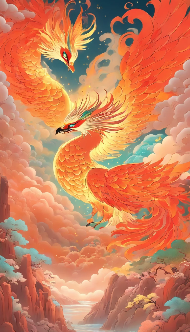 Wall paintings，Ultra-high sharpness，themoon，Grandiose scenes，Colorful colorful，Bright colors，Phoenix on colorful clouds，Dunhuang murals，