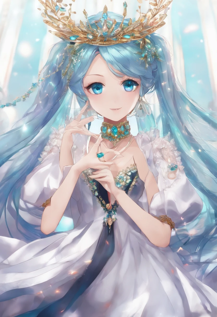 miku hatsune,Her hair color is made of glass,Her dress is studded with jewels。