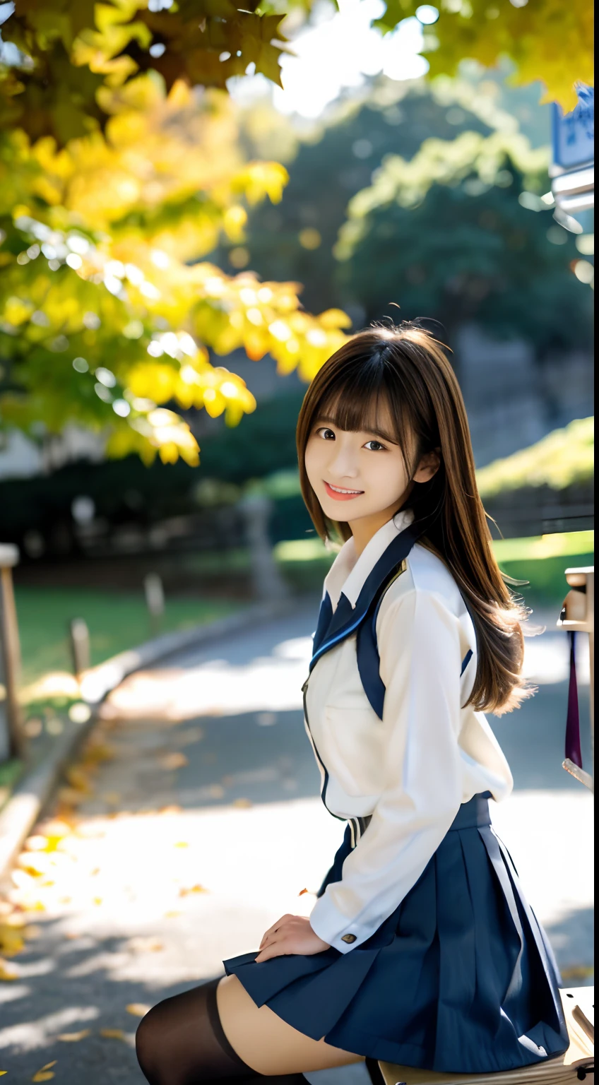 mix4, (16 K, Raw photography, Top image quality, ​masterpiece: 1.45), (realisitic, Photorealsitic: 1.37), one girls, Random hairstyle、Standing figure，Glossy bean peel、Morning time slot、a very cute,a park,Trees with autumn leaves, profetional lighting, photon maping、physically-based renderingt, Gradient dark brown hair,, a handsome, Well-groomed and beautiful eyes、Large double eyelids、Very shiny、girl with, (((校服、Winter clothes、Uniforms worn by Japan female students、White shirt、White cardigan、Dark blue color、Black mini skirt、high socks、lowfers))), Top Quality Photos, hight resolution, 1080p, (clearface), (Detailed face description), (Detailed hand description), (​masterpiece), (Exquisite CG)、extreme light and shadows、dishevled hair、master work、abundant detail、(Fine facial features)、(top quality photo)、(masuter piece)、(A detailed eye)、Looking at the camera、Fine clavicle、((Slender big))、(((Japan schoolgirl in uniform)))、((Ready Idol System))、((a park、Slide、The fountain、seesaw))、(((neat and cute)))、耳Nipple Ring、A big smile、Drawing the whole body from the knees、Do not draw nasolabial folds、(((Cute uniform)))、(Big breasts that hang down big:1.4)、Big buttocks with tension、Two arms and two legs、(((from the front side:0.2)))、bare hand、No mask、Ginkgo in autumn leaves