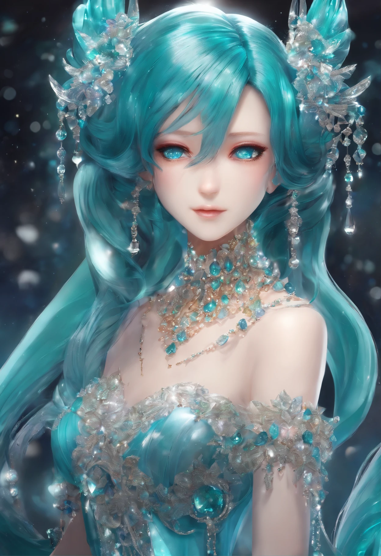 miku hatsune,Her hair color is made of glass,Her dress is studded with jewels。