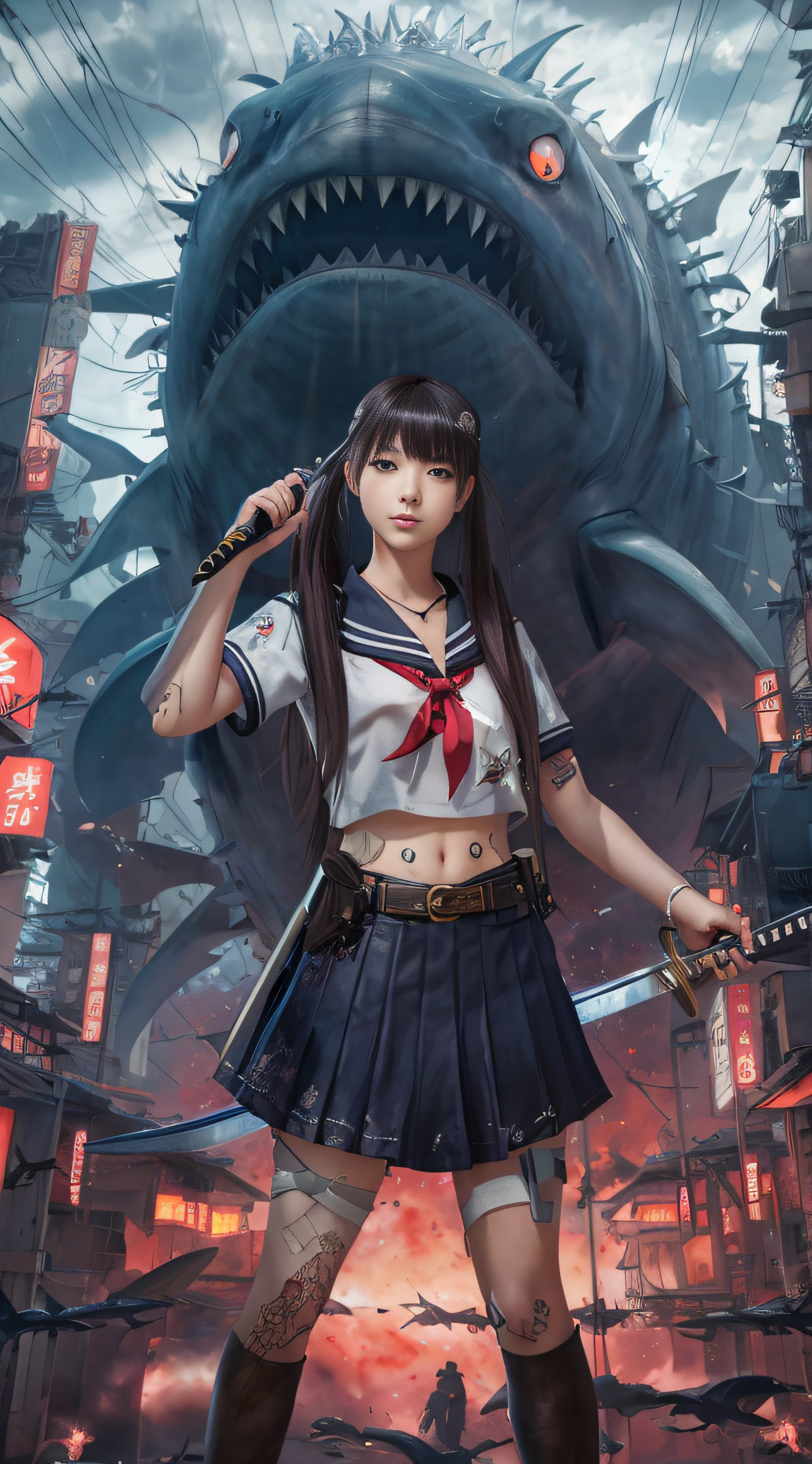 Anime girl in short skirt holding a sword in front of giant shark, style of anime4 K, Badass anime 8 K, 2. 5 D CGI anime fantasy artwork, Kantai collection style, Realistic anime 3 D style, Anime style. 8K, Guviz-style artwork, trending on cgstation, she is holding a katana sword