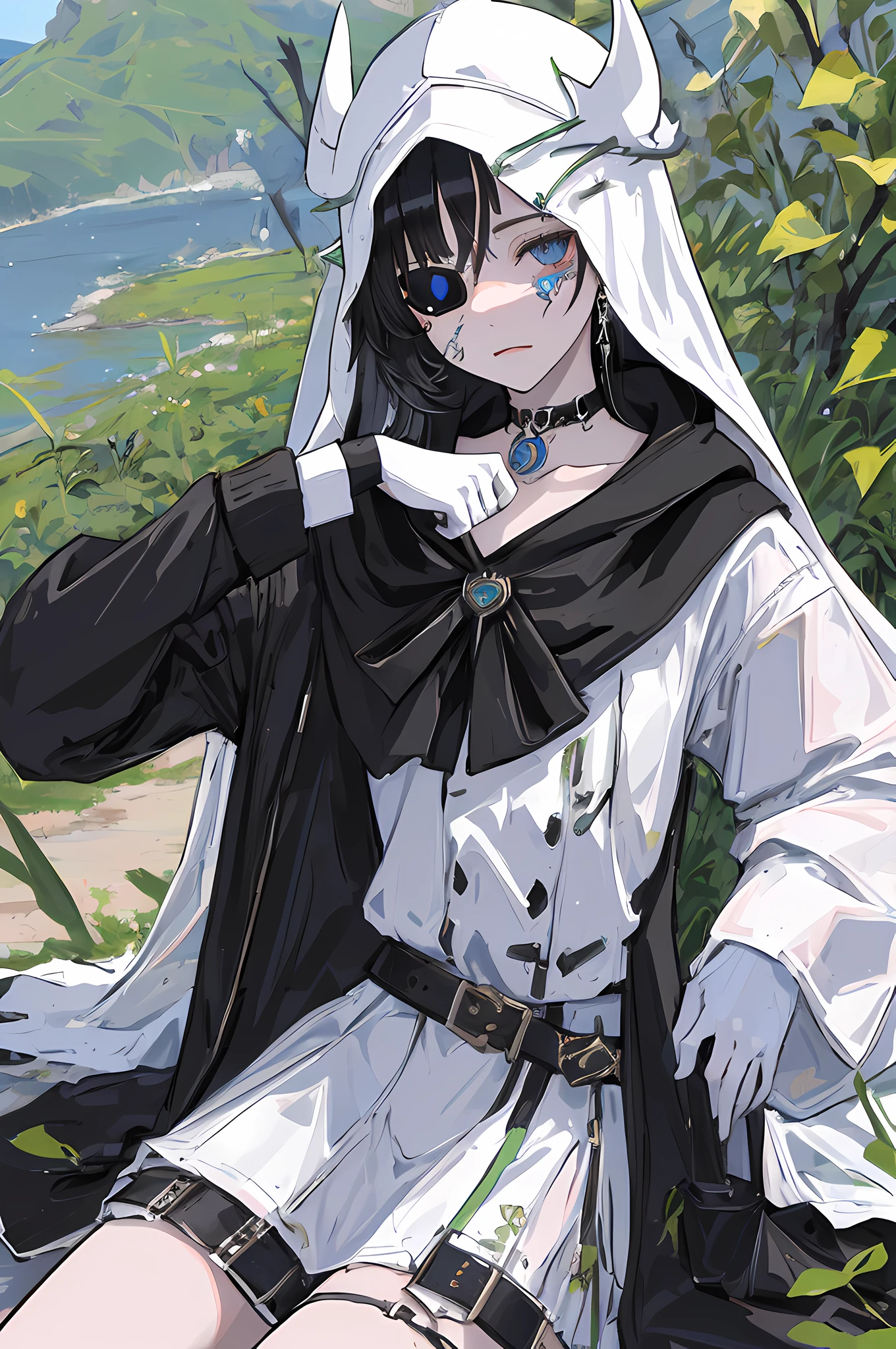 (masterpiece, best quality, ultra-detailed), 1girl, LokiKamikatsu, hooded coat, digital outfit, digital choker, digital eyepatch, white skin,looking at viewer, grass sitting trees