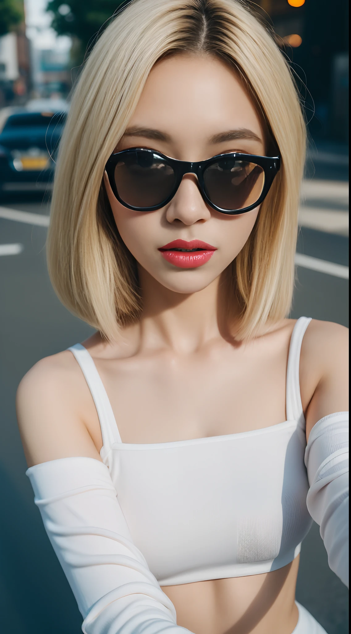 ((Day, Best Quality, 8K, Realistic)), Half Body: 1.4, Slender Abs: 1.2, ((Long ash-blonde hair, Medium Breasts: 1.2)), (White long sleeves, Tight short pants, Tone sunglasses, Swag black beanie, Off_shoulder, Walking: 1.2), (Outdoor, Side road, Realistic streets background, Day lights), Highly detailed face and skin texture, detailed eyes, double eyelids, 1 person, swag, badass, (Face looking at the camera, Taking selfie, Selfie camera view, Selfie: 1.2)