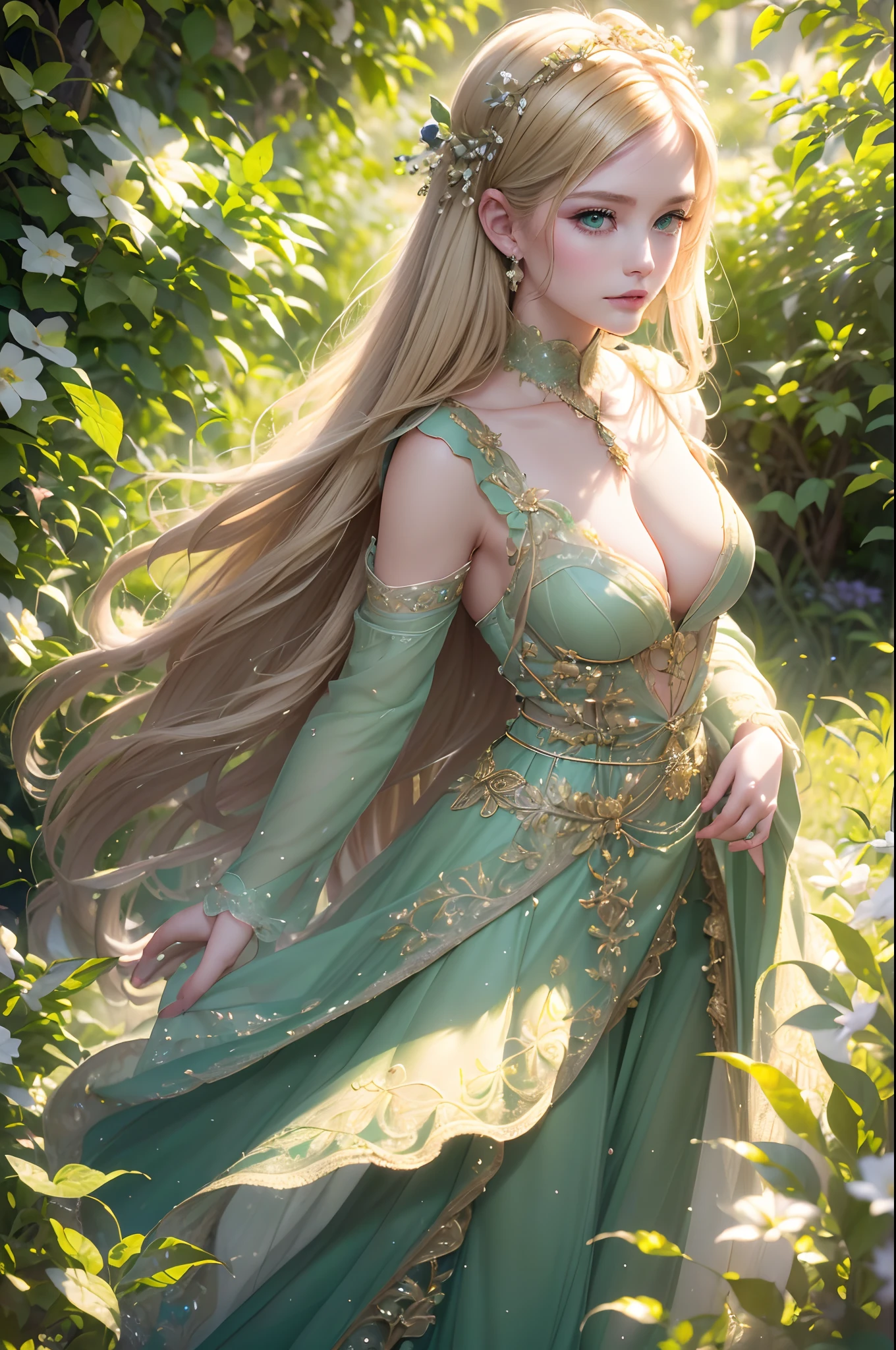 beautiful detailed green-eyed girl,(best quality,4k,8k,highres,masterpiece:1.2),ultra-detailed,(realistic,photorealistic,photo-realistic:1.37),oil painting,royal noblewoman appearance,peasant attire,lush green garden background,graceful pose,vintage aesthetic,vivid colors,soft sunlight