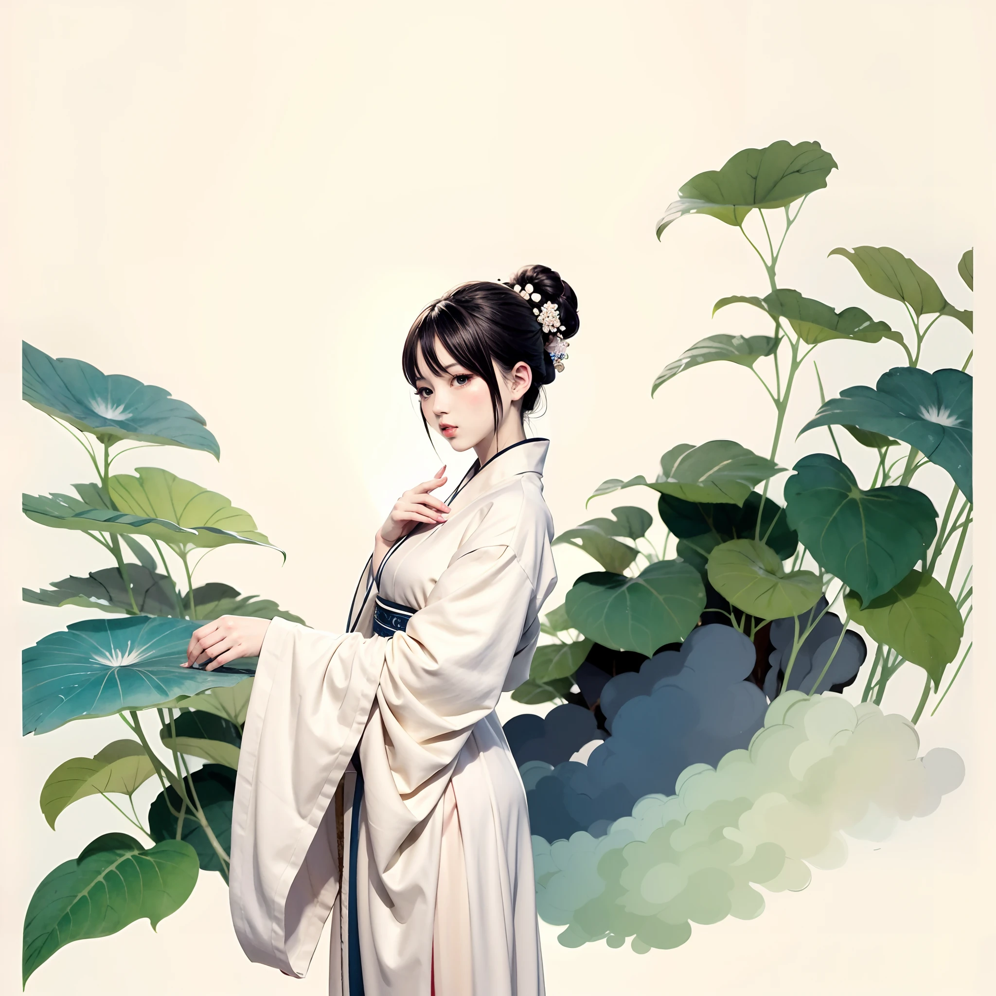 a girl ,full body ,white | bule dress ,standing, flower