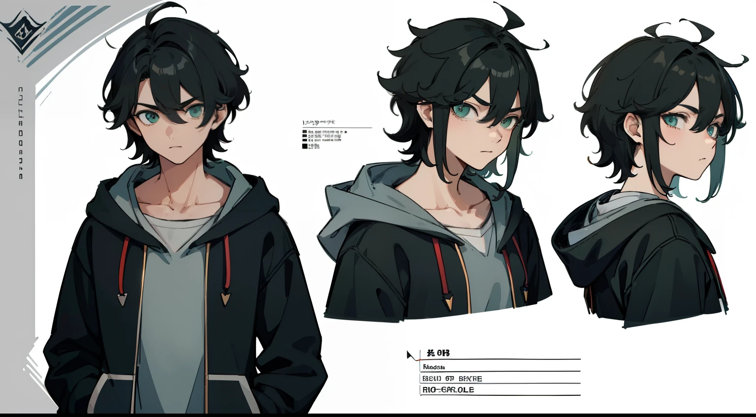 ((Masterpiece, Highest quality)), Detailed face, character sheets, full bodyesbian, 1boys, Green eyes, Black hair, short detailed hair, Messy hair, ((pointy hair)), Hoodie, hair between eye, school uniform, gray theme, Full of details, Multiple poses and expressions, Highly detailed, Depth, Many parts