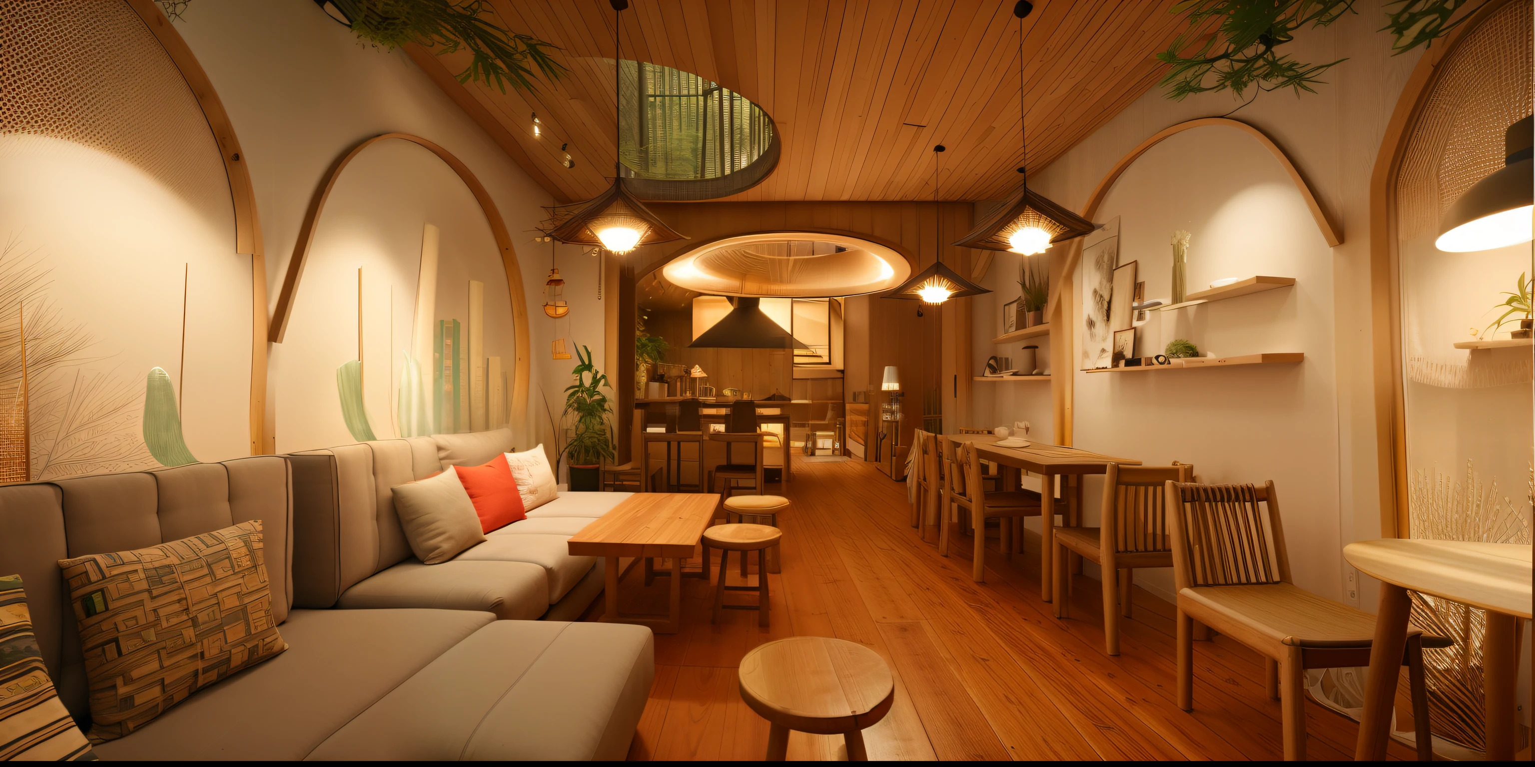 Interior design、Crazy detailed wide-angle building photos、cozy contemporary living room、(Bright warm sunshine 1:0.1)、award-winning contemporary interior design、Landscapes、DL、a chair、in a house、wooden floor、window、dining room、east asian east asian architecture、Sliding paper doors、lamp lights、buliding、the woods、naturey、Cups、A plant、Interior design、Insert lights and shadows、depth of fields、low illuminance