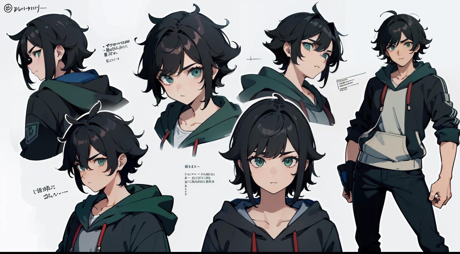 ((Masterpiece, Highest quality)), Detailed face, character sheets, full bodyesbian, 1boys, Green eyes, Black hair,  short detailed hair， Messy hair, ((pointy hair)), Hoodie, hair between eye, school uniform, gray theme, Full of details, Multiple poses and expressions, Highly detailed, Depth, Many parts