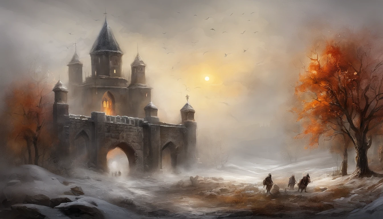 ink wash style,(Broken European-style city gates),battlefiled,Fire on the ground,winter day、Rochas、(illustratio:1.0)、Epic composition、Realistic lighting、high definition detail、tmasterpiece、Best quality,(非常详细的 CG 统一 8k 壁纸)