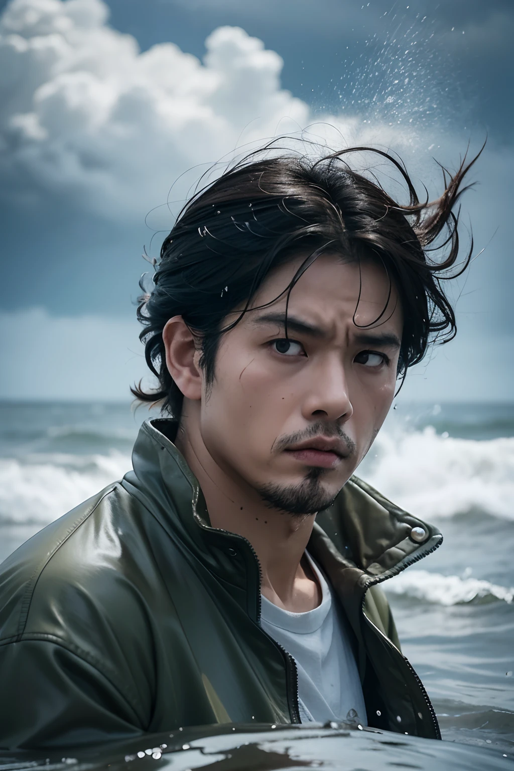 Miyazaki film style,Typhoon days,A man,Water blown by the wind splashed on the face,scowling
