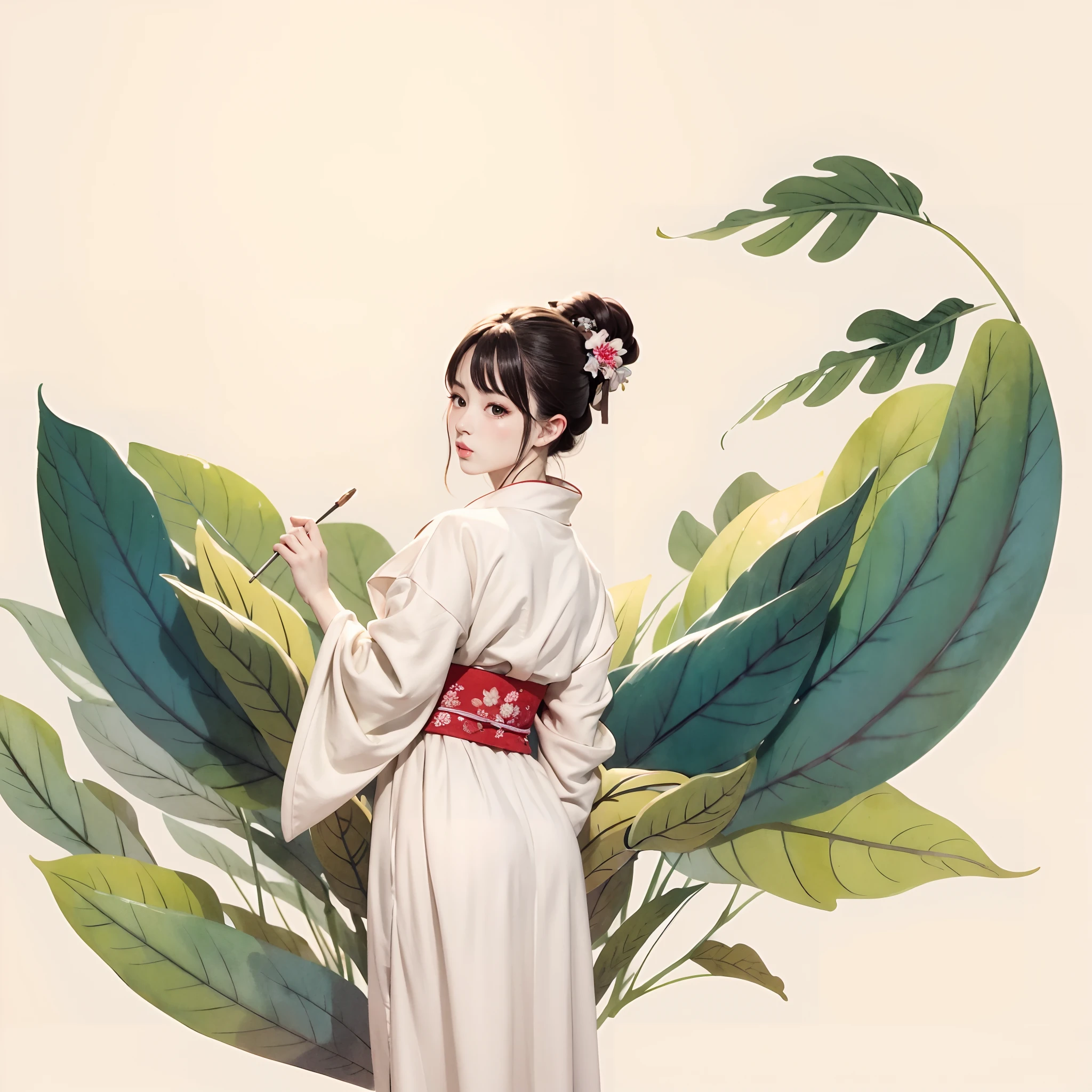 Alpha image of woman in white kimono dress, japanese art style, Guviz-style artwork, beautiful character painting, a beautiful artwork illustration, chinese painting style, beautiful digital illustrations, by Yang J, stunning art style, G Liulian art style, digital-painting style, beautiful digital works of art, by Li Song