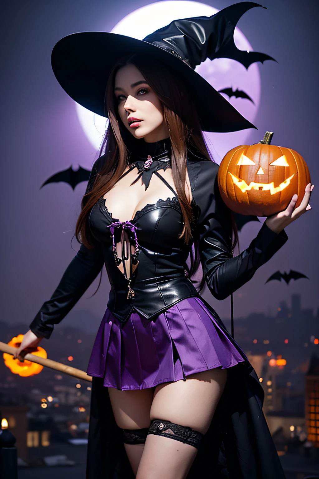 A woman's, Halloween fashion skin, Characters in the game, League of Legends cosplay, short skirt, Skirt in the shape of bat wings, The witch holds a pumpkin staff, Wooden cane hanging pumpkin lantern, Wearing a witch's pointed hat, Bat design elements, Clothes in purple in the main color, metal decoration, Portrait of the area above the thigh, Cinematic lighting, Best quality, Textured skin, Anatomically correct