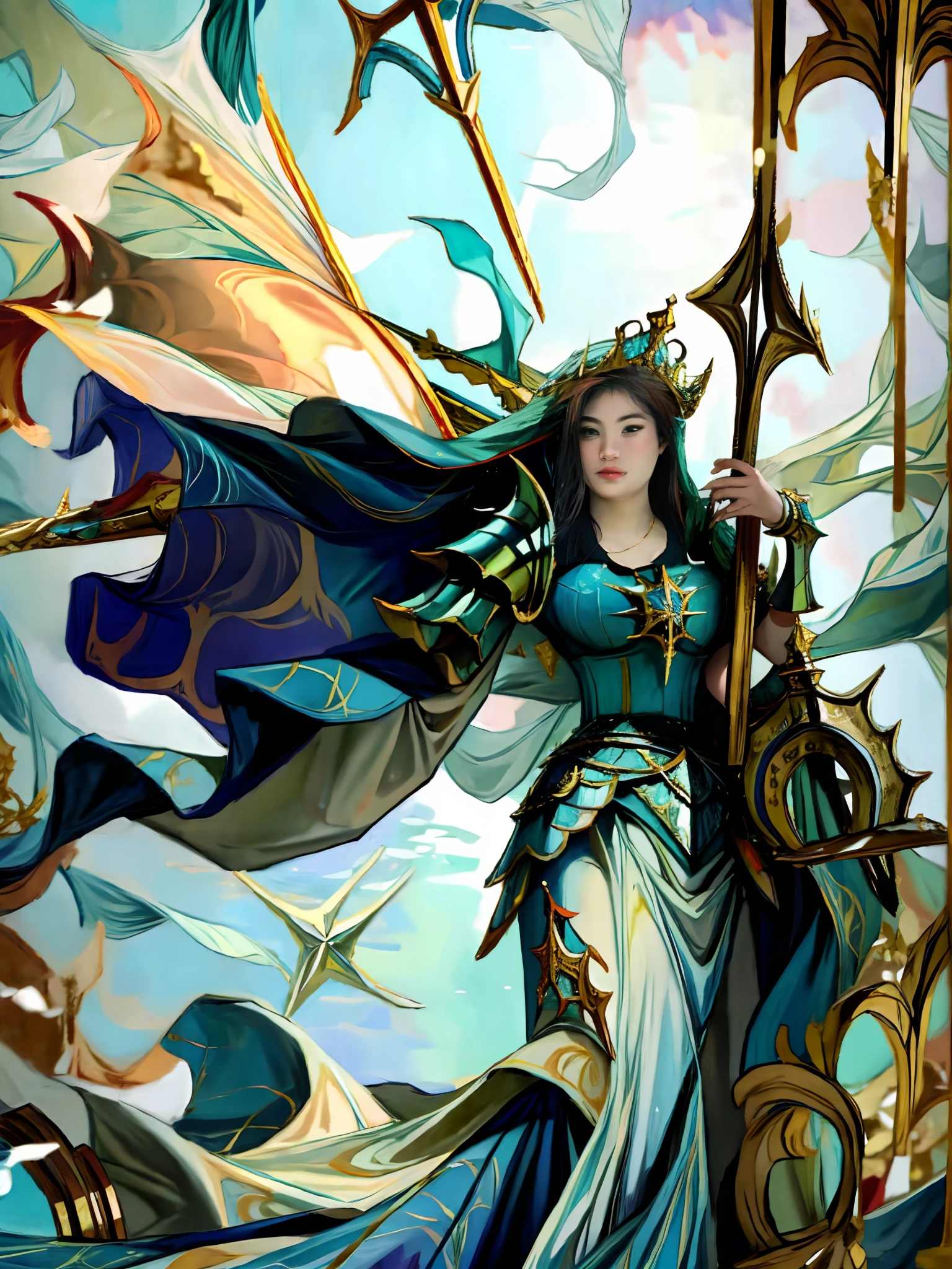 Nobility of the sea,tiara crown,Gorgeous armor,Trident in hand,opulent,folds,heroic look,Underwater world,Rochas,nobles
