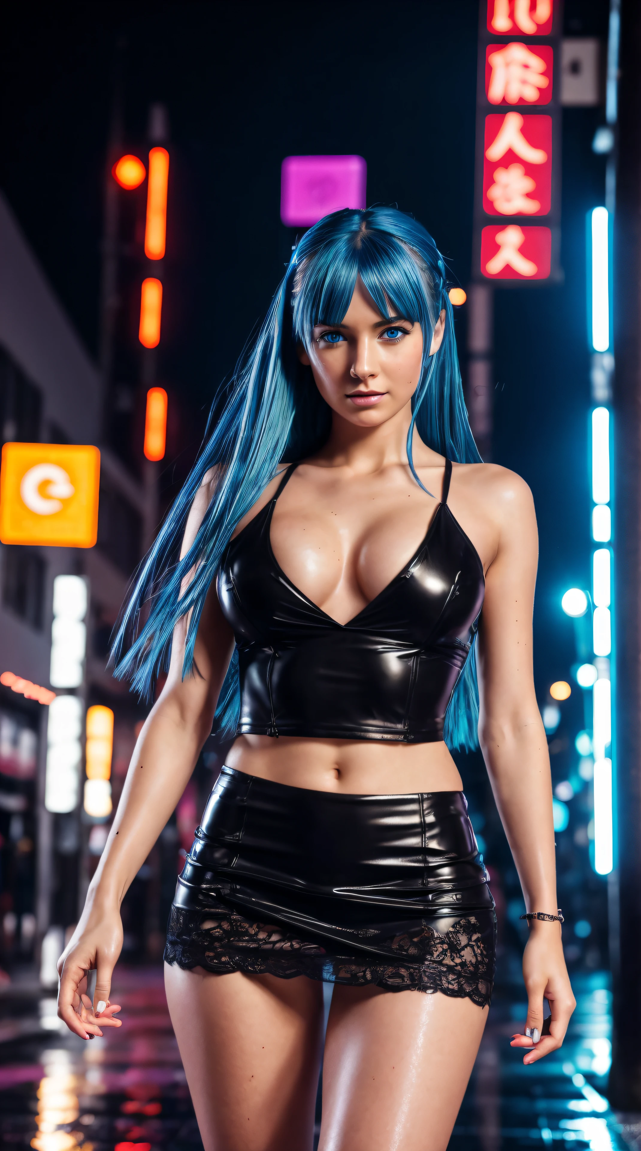 1 solo Girl, young girl, beautiful blue haired girl, Miss, 25 years old, top model, hyper realistic. long hair, blue hair, detailed. FACE: blue eyes, deep eyes, hyper detailed, natural, big eyes, cute small nose, seductive full lips, beautiful lips, natural, skin inperfection, freckles, natural skin, inpercect skin. BODY: wet and sweaty, bare shoulders, midsized boobs, big chest, pefect niples, hyper detailed chest, sports figure, big ass, perfect ass, perfect hands and legs, hyper detailed fingers, manicured nails, full body. OUTFIT: black blouse and mini skirt. LIGHTNING: neon lights, colourful lights, purple and orange colours, cinematic light, dynamic lightning, erotic mood. LOCATION: dancing in the rain in Tokio streets, colourful street. SHOT: photorealistic dramatic shot, color epic cinematograph, action, movement, blur background. QUALITY: hyper realistic, natural, HDR, RAW, 8K, depth of field, movie scene, cinematic, dramatic.