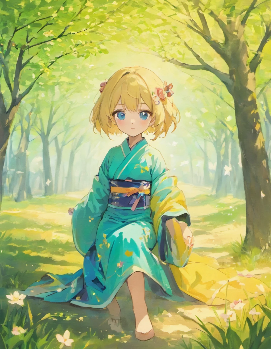 whaite hair，Blue eyes，Kimono with white，the cherry trees，grassy fields，benches，adolable，is shy，a beauty girl