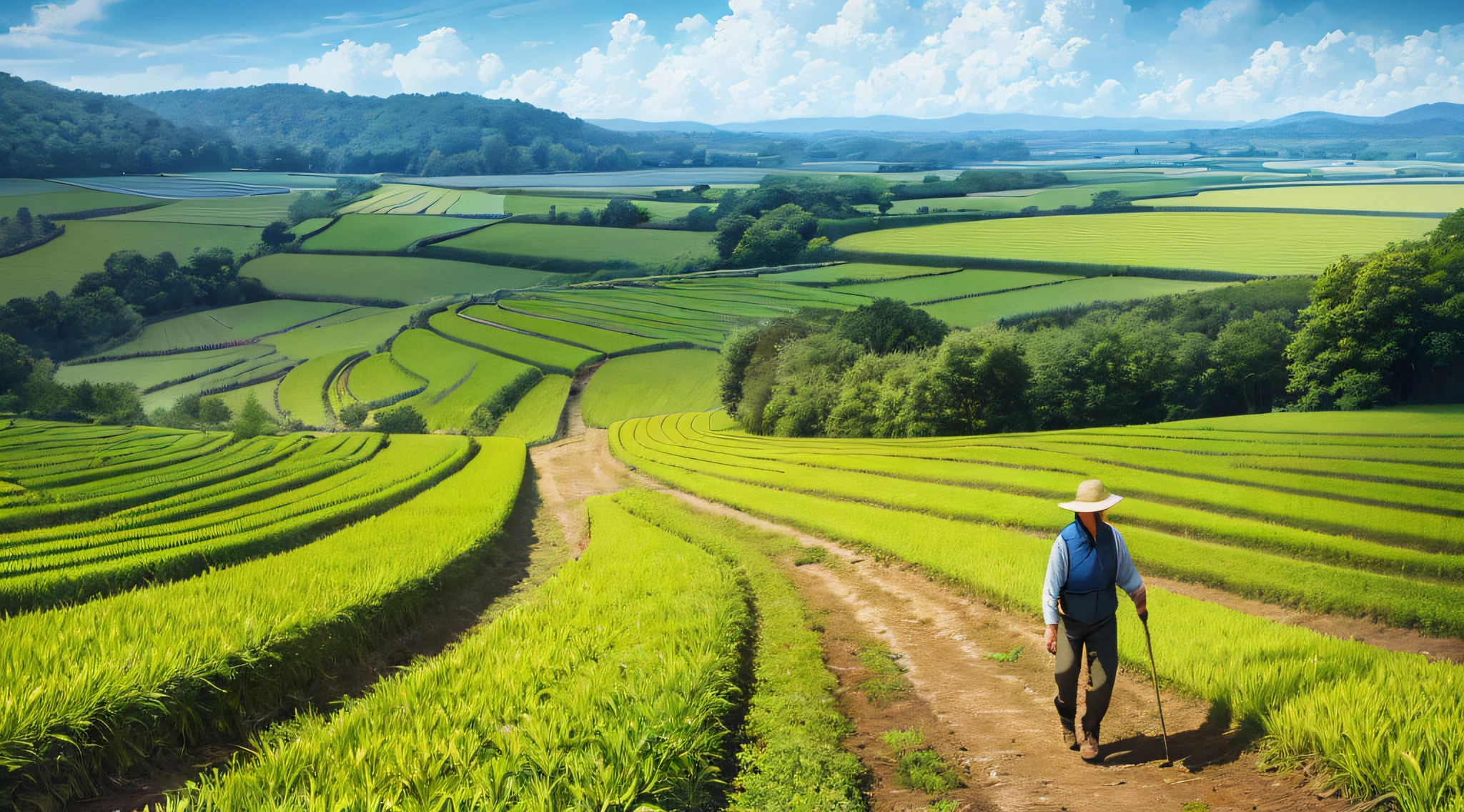 An old farmer carrying a flat burden, walking on the winding path of the countryside, big clouds, blue sky, rice fields, neat rice seedlings in the field, forest, hillside, secluded, countryside, HD detail, hyper-detail, cinematic, surrealism, soft light, deep field focus bokeh, ray tracing and surrealism. --v6