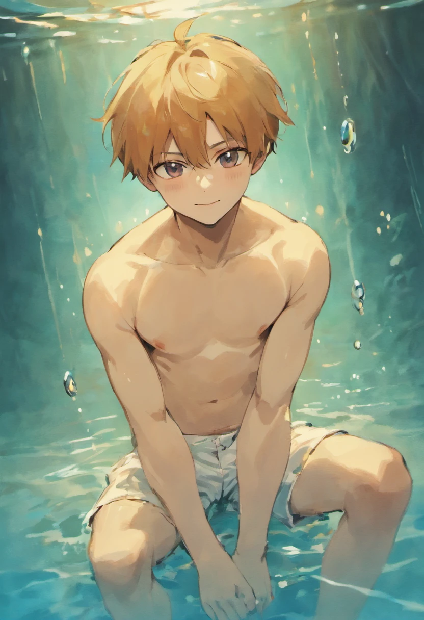 Boy ager sitting in the water,Naked,with fair skin,ssmile,fullnude