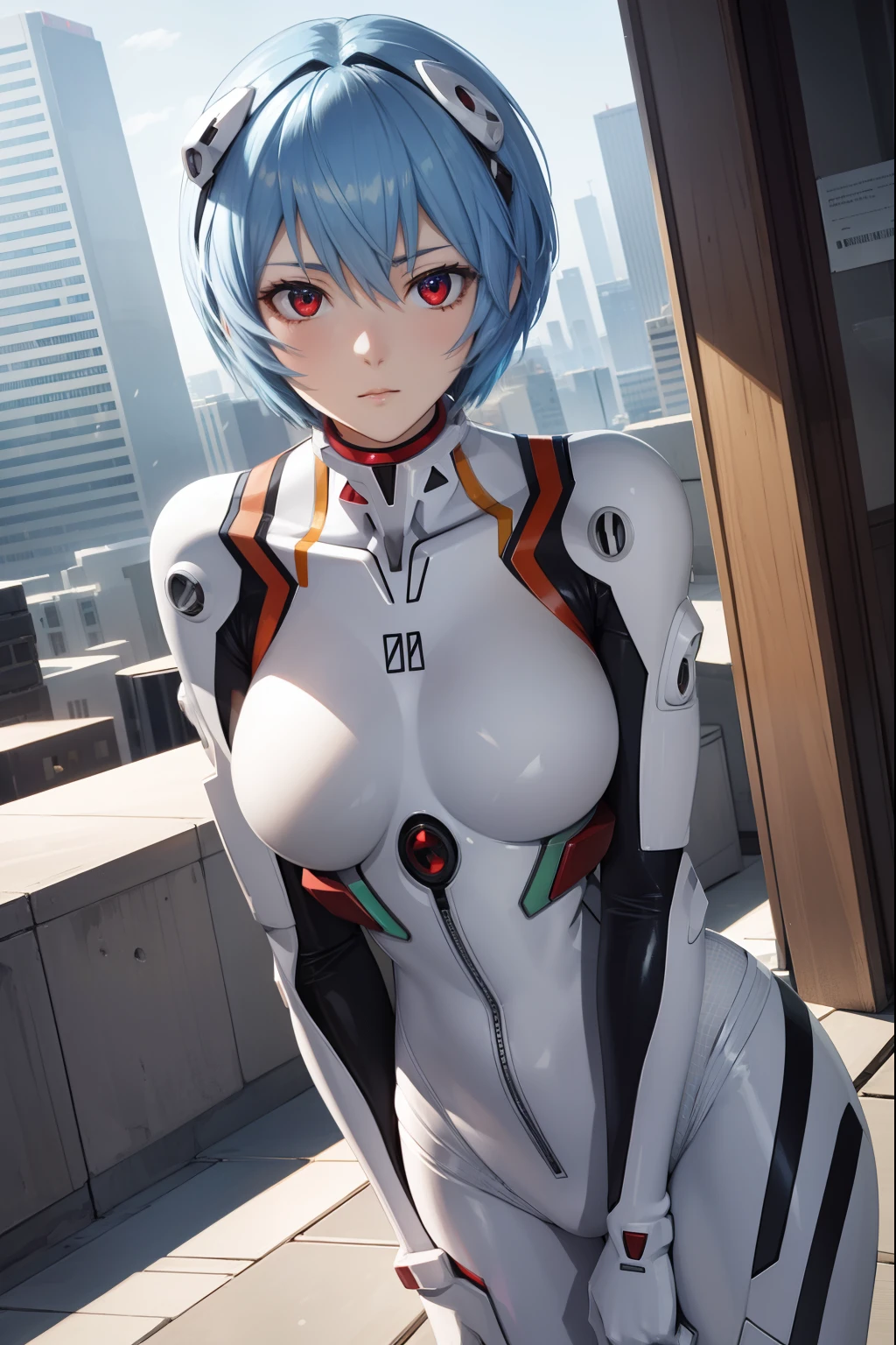 reiayanami, Rei Ayanami, Blue hair, Short hair, (Red Eyes:1.5),
Blake Bodysuit, Headgear, plugsuit, White bodysuit,
BREAK outdoors, city,
BREAK looking at viewer, 
BREAK (masutepiece:1.2), Best Quality, High resolution, Unity 8k壁纸, (Illustration:0.8), (Beautiful detailed eyes:1.6), extra detailed face, Perfect Lighting, extremely details CG, (Perfect hands, Perfect Anatomy),