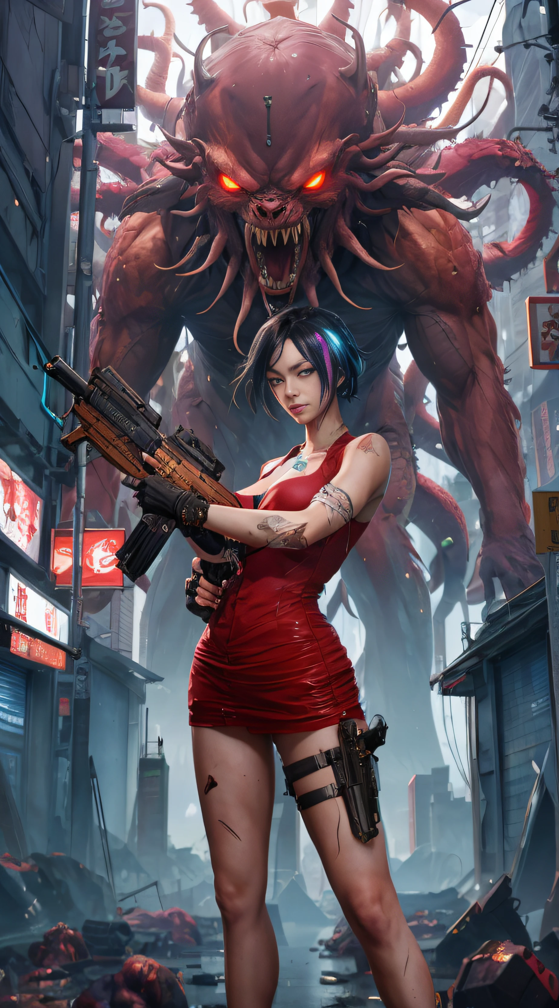 Anime girl with gun and a huge monster in background, Stylized urban fantasy artwork, wojtek fus, Deviantart ArtStation CGSCOSIETY, G Liulian art style, cover game art, cgsociety and fenghua zhong, alena aenami and artgerm, The cover of the game, game poster, Badass anime 8 K, cyberpunk angry gorgeous goddess