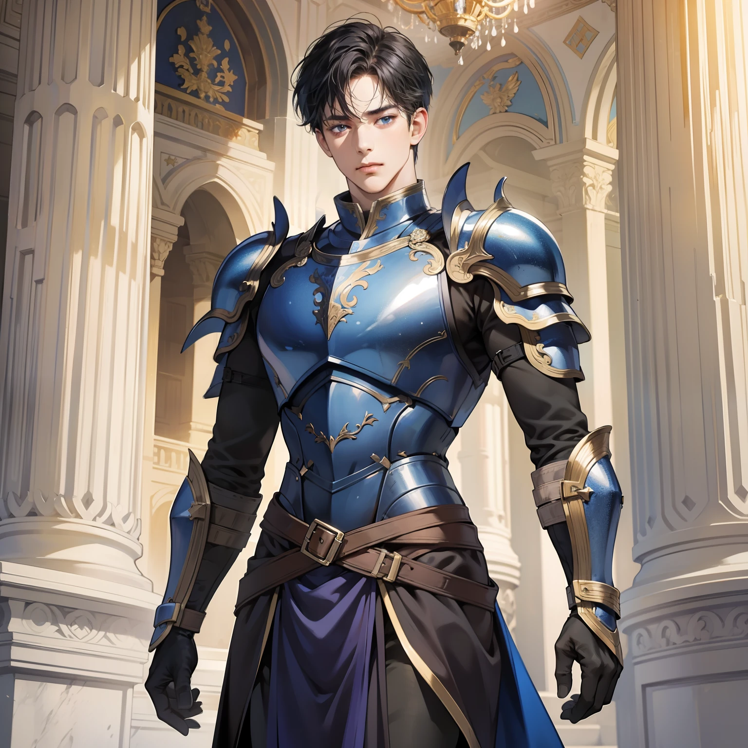 1boy, (man), manly body, anime, extremely detailed, hyper detailed, (broad shoulders), (PERFECT FACE), illustration, soft lighting, 2d, intricate, cowboy shot, detailed blue eyes, black hair, short hair, teal eyes, sexy, toned,, (outside), castle tower, in a Sailor Moon costume,
