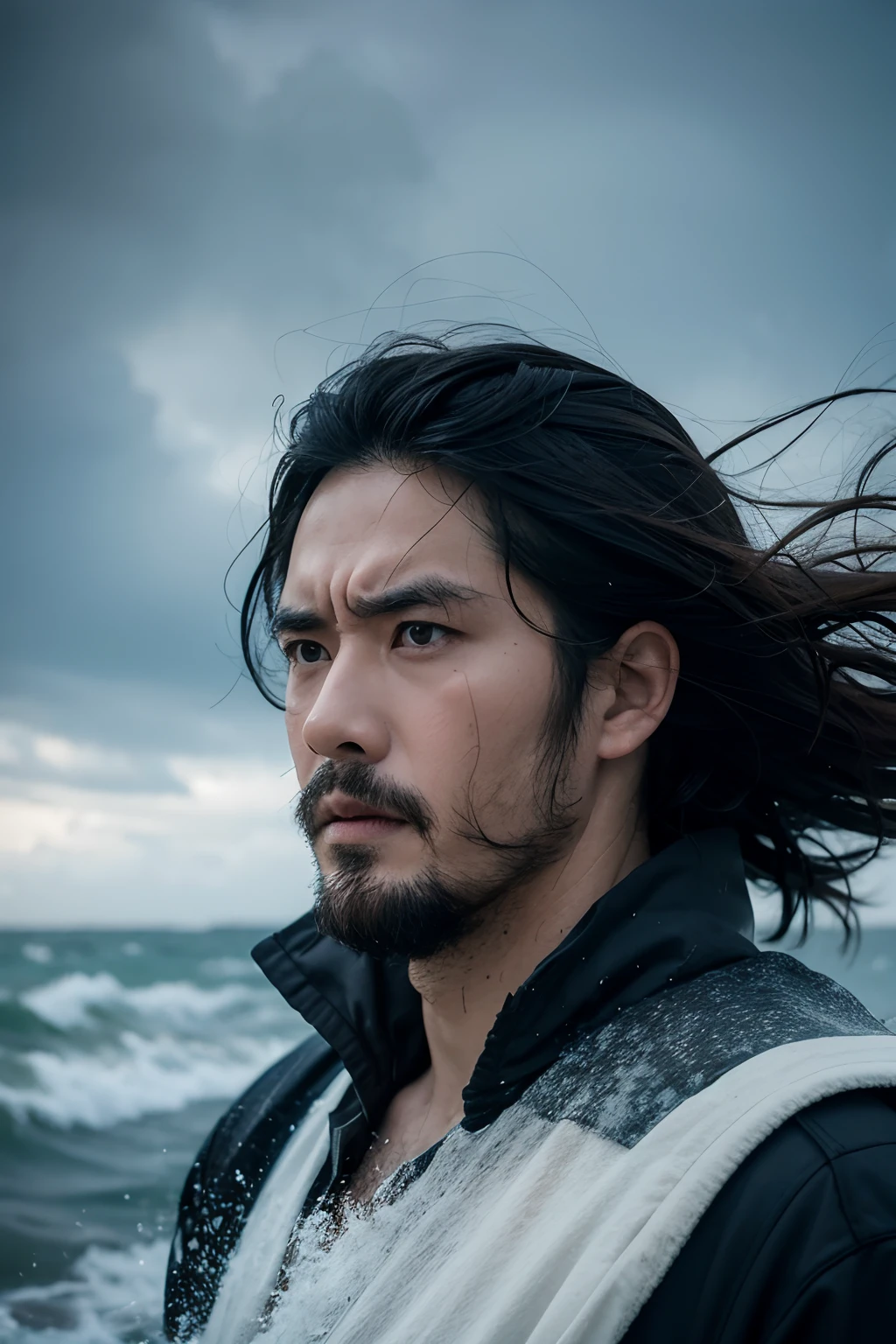 Miyazaki film style，Typhoon days，A man，Water blown by the wind splashed on the face，scowling