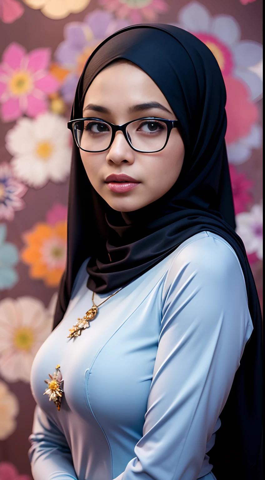 cowboy_shot,(iu:0.8),cleavage, RAW, Best quality, high resolution, Masterpiece: 1.3, Beautiful glasses pearl_skinned sexy hijabi javanese, Masterpiece, Soft smile
