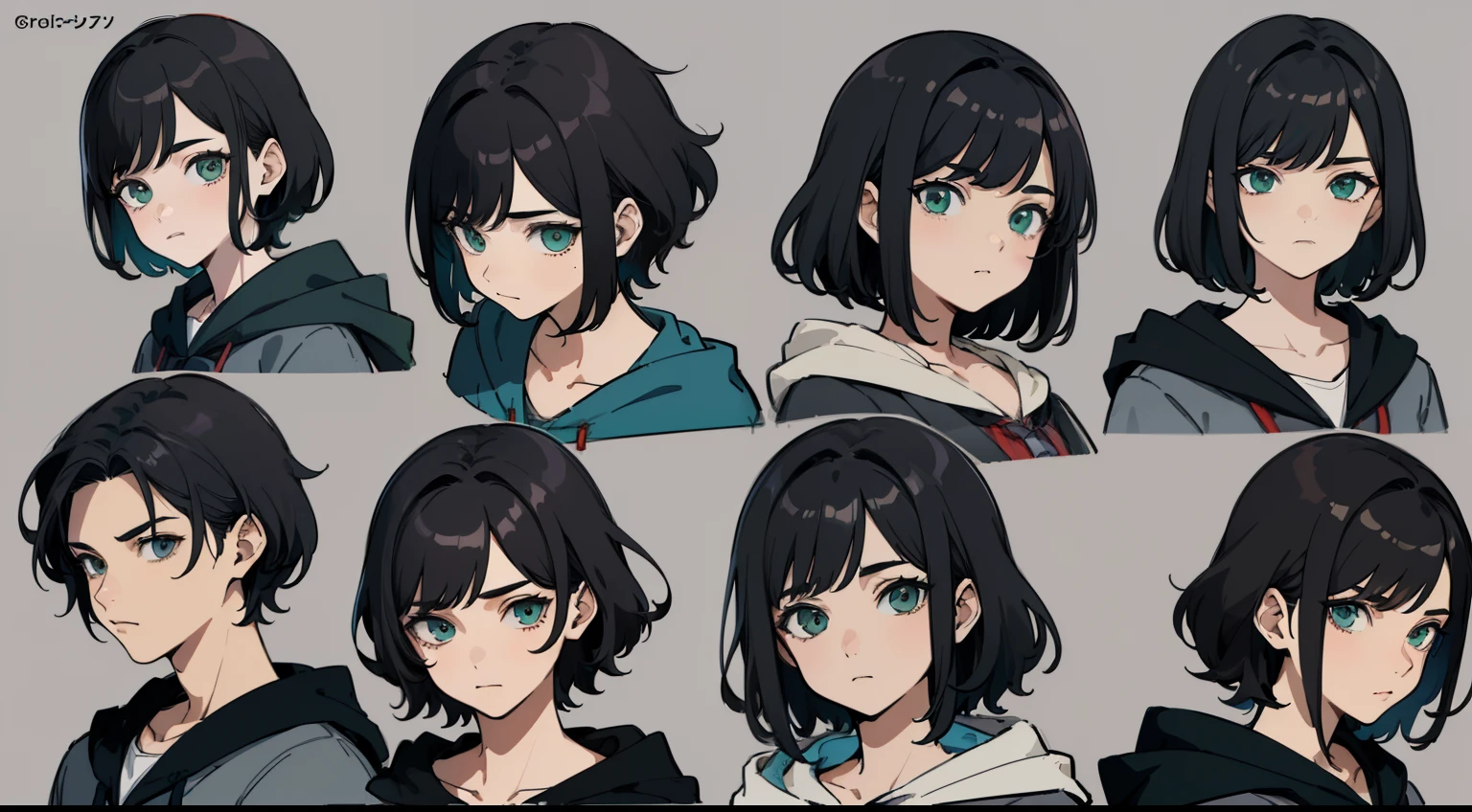 ((Masterpiece, Highest quality)), Detailed face, character sheets, full bodyesbian, 1boys, Green eyes, Black hair,  short detailed hair， Messy hair, ((pointy hair)), Hoodie, hair between eye, school uniform, gray theme, Full of details, Multiple poses and expressions, Highly detailed, Depth, Many parts