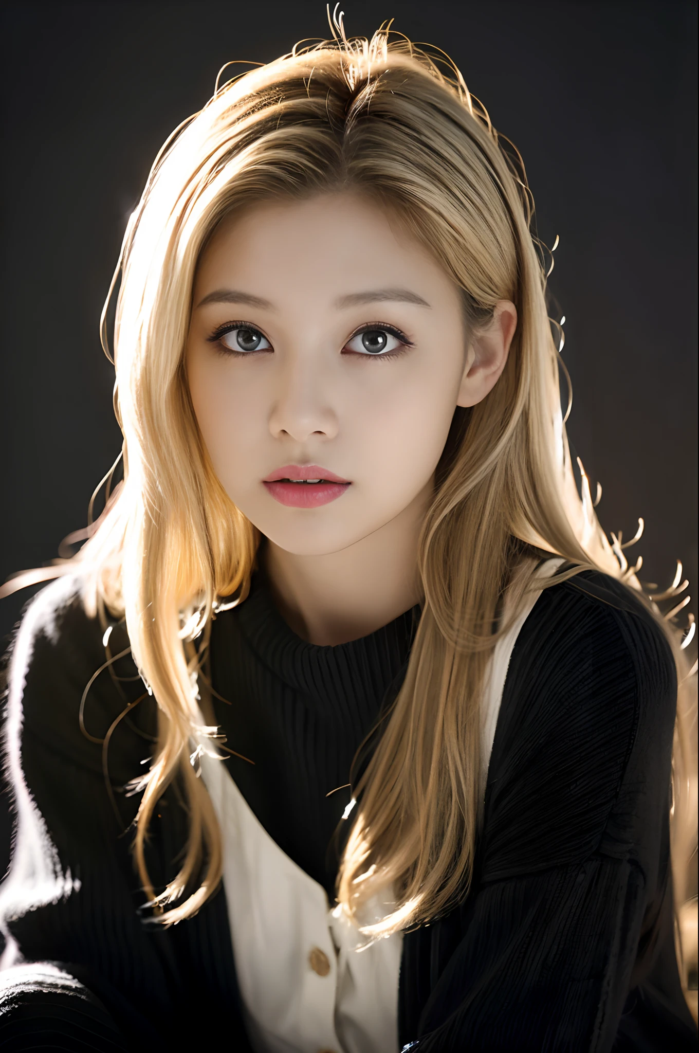 top-quality、masterpiece、超A high resolution、(Photorealsitic:1.4)、Raw photo、女の子 1 人、Middle hair、Blonde gradient hair、waved hair、small tits、Very small bust、Eyes and faces with detailed、Black sweater、Dynamic lighting、in the darkness nigth、deep-shadows、lowkey、Cowboy Shots、Slimed、A slender