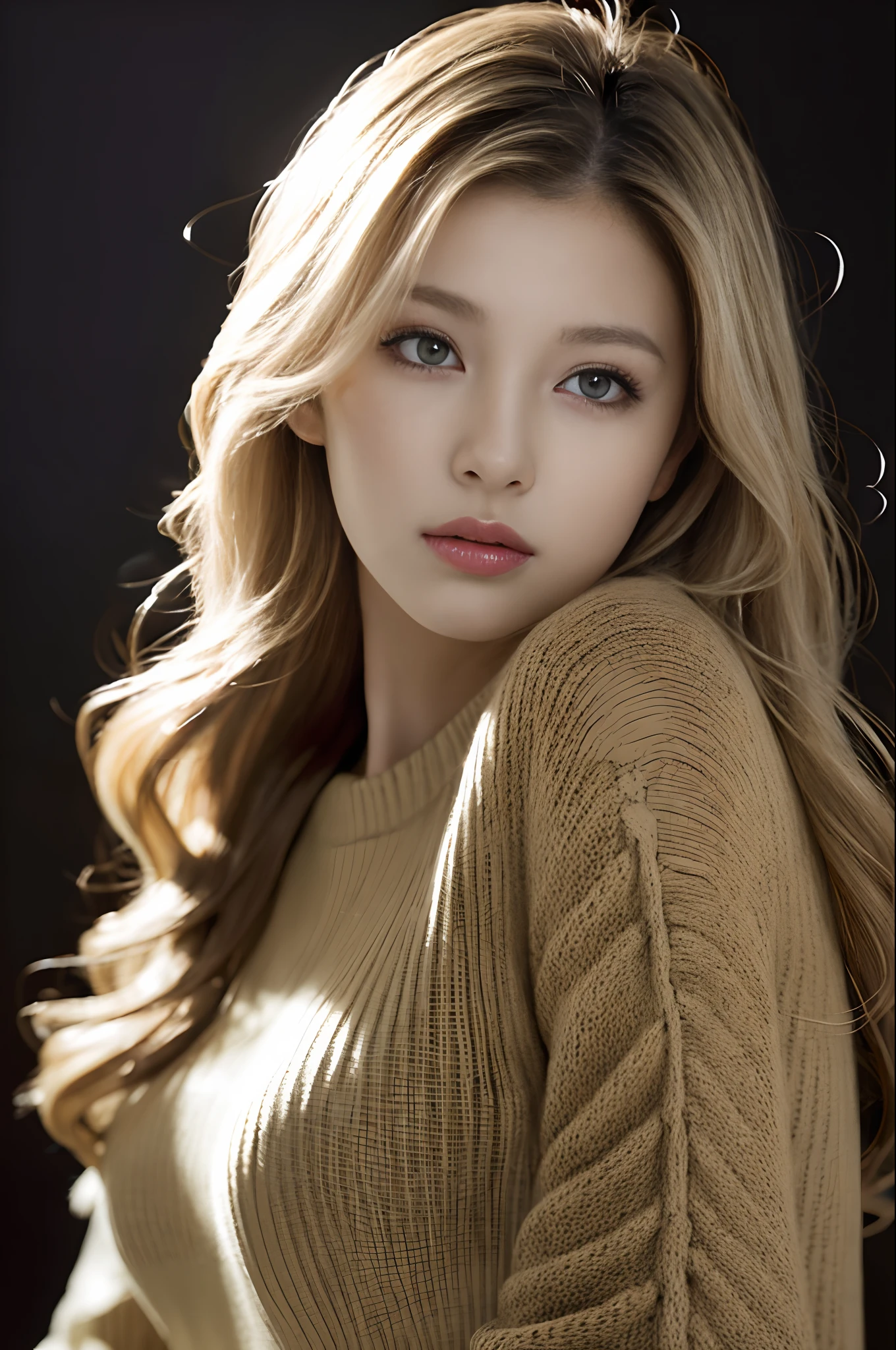 top-quality、​masterpiece、超A high resolution、(Photorealsitic:1.4)、Raw photo、女の子 1 人、Middle hair、Blonde gradient hair、waved hair、small tits、Very small bust、Eyes and faces with detailed、Black sweater、Dynamic lighting、in the darkness nigth、deep-shadows、lowkey、Cowboy Shots、Slimed、A slender