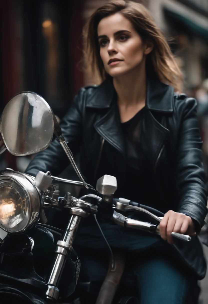 Emma Watson topless with naked breasts on a bike in the city in front of a pub