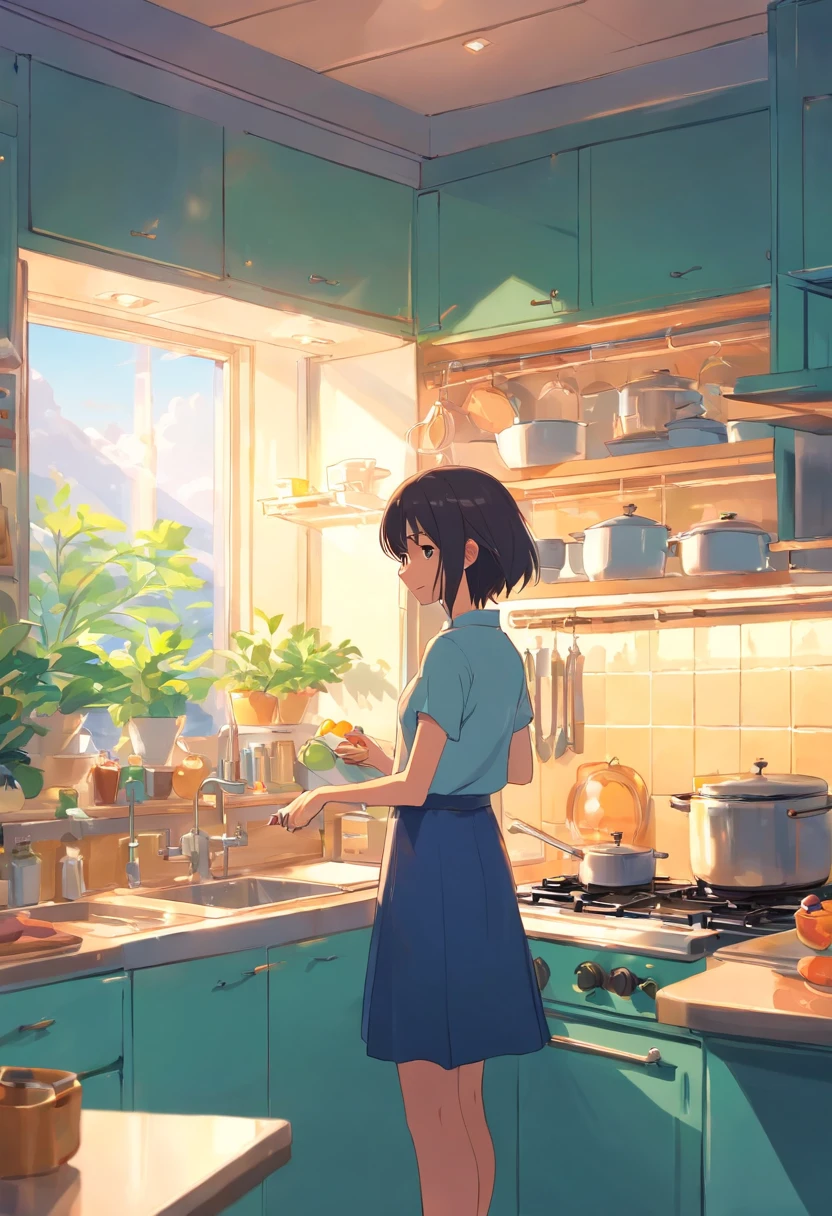 In the bright kitchen,(NOhumans:0.6)morden style、In the middle is the tap、Lots of saucers,Super detail, High details, High quality
