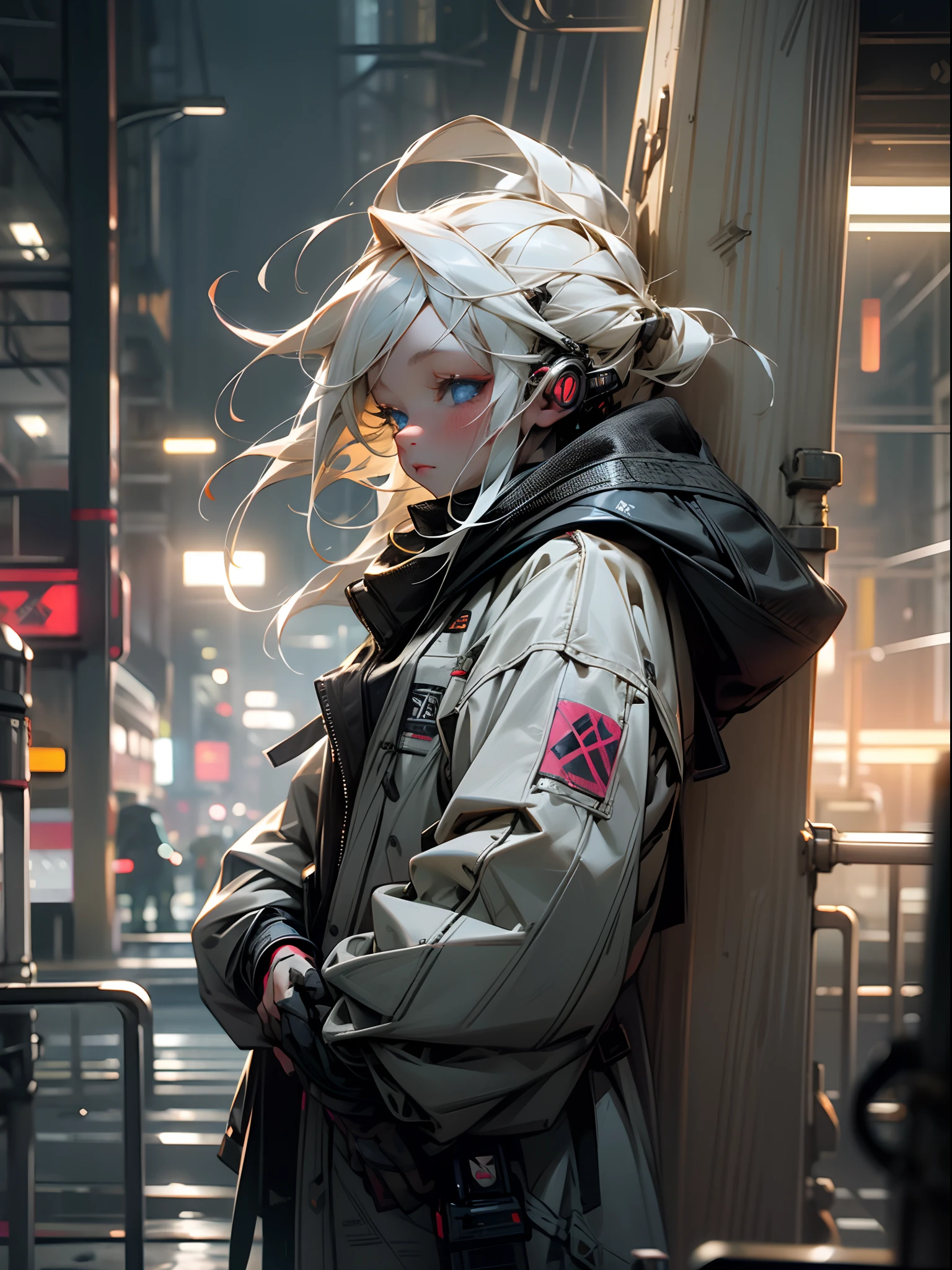 1girl,sniper girls,Albino, cute, white hair, blonde hair, beautiful, long hair, blue eyes, wearing a parka jacket, cyberpunk jacket, hair with a ribbon,night light ((8k, UHD, ultra realistic))