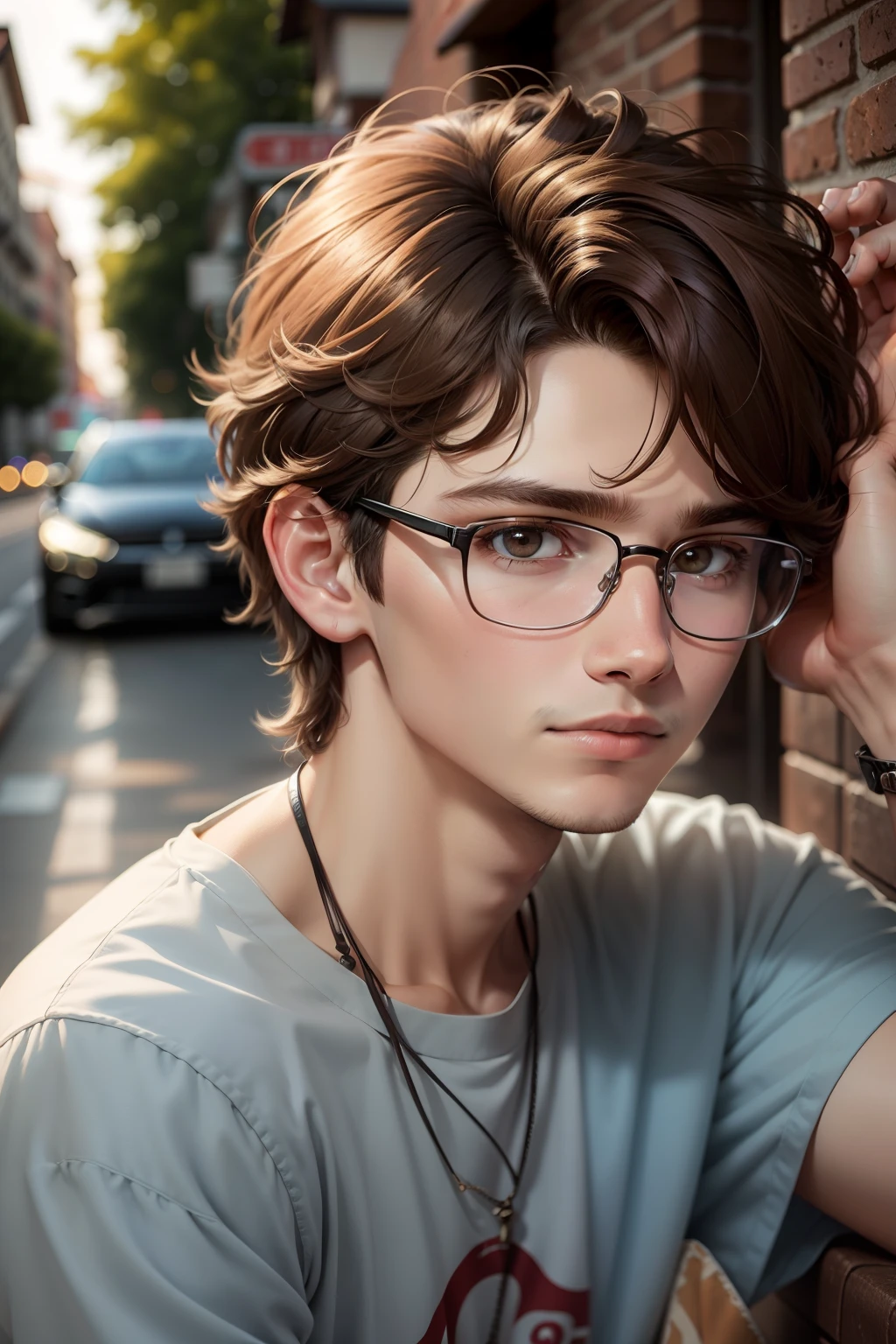 An 18-year-old cool boy with brown hair and glasses,head portrait