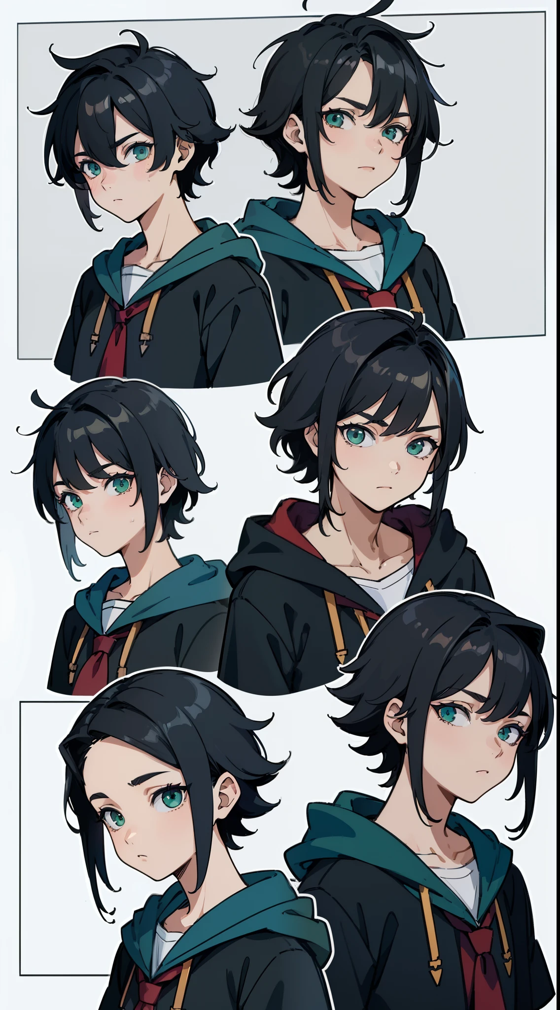 ((Masterpiece, Highest quality)), Detailed face, character sheets, full bodyesbian, 1boys, Green eyes, Black hair, short detailed hair, Messy hair, ((pointy hair)), Hoodie, hair between eye, school uniform, gray theme, Full of details, Multiple poses and expressions, Highly detailed, Depth, Many parts