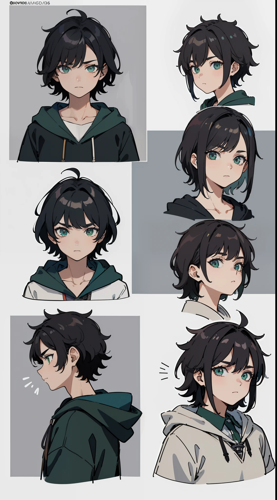 ((Masterpiece, Highest quality)), Detailed face, character sheets, full bodyesbian, 1boys, Green eyes, Black hair, short detailed hair, Messy hair, ((pointy hair)), Hoodie, hair between eye, school uniform, gray theme, Full of details, Multiple poses and expressions, Highly detailed, Depth, Many parts