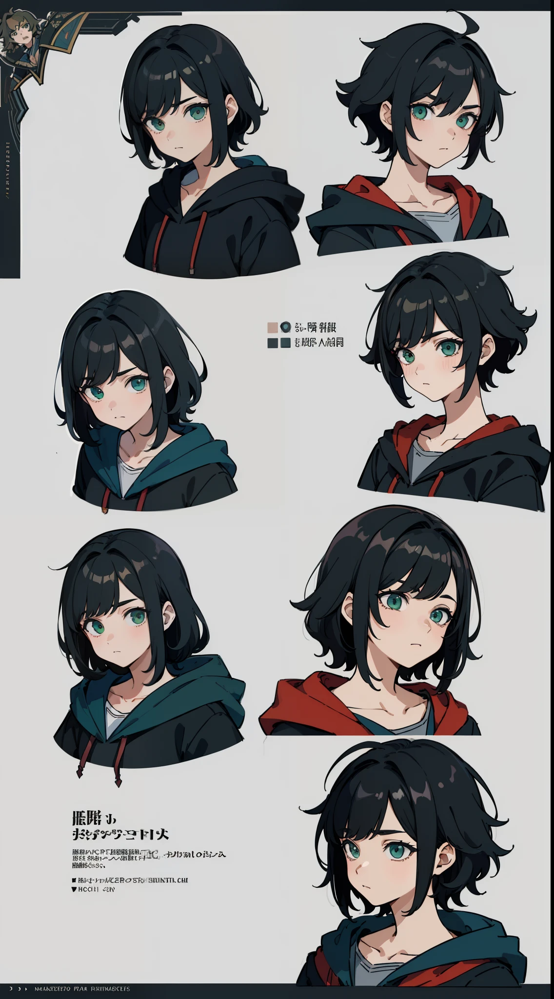 ((Masterpiece, Highest quality)), Detailed face, character sheets, full bodyesbian, 1boys, Green eyes, Black hair, short detailed hair, Messy hair, ((pointy hair)), Hoodie, hair between eye, school uniform, gray theme, Full of details, Multiple poses and expressions, Highly detailed, Depth, Many parts