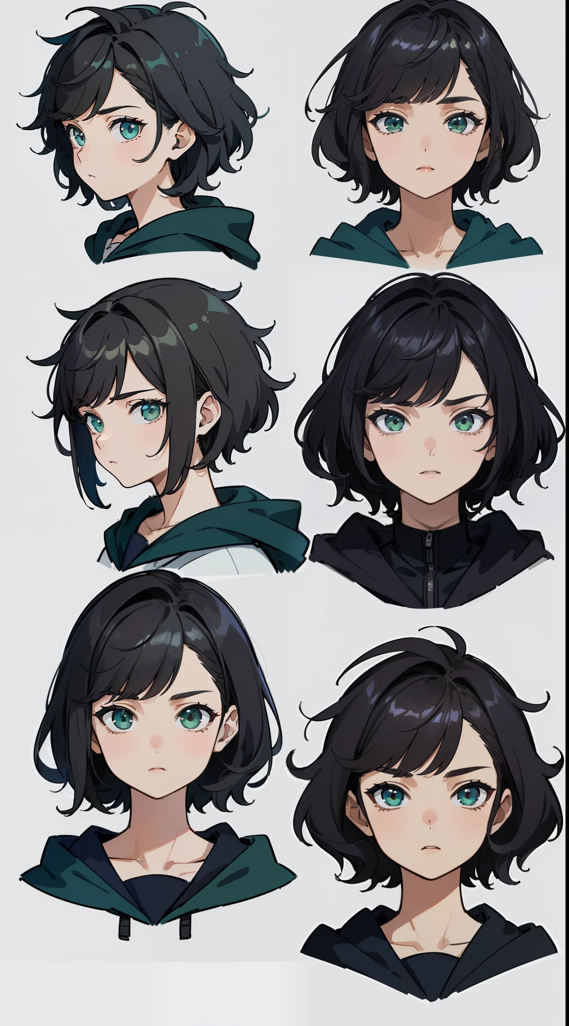 ((Masterpiece, Highest quality)), Detailed face, character sheets, full bodyesbian, 1boys, Green eyes, Black hair, short detailed hair, Messy hair, ((pointy hair)), Hoodie, hair between eye, school uniform, gray theme, Full of details, Multiple poses and expressions, Highly detailed, Depth, Many parts