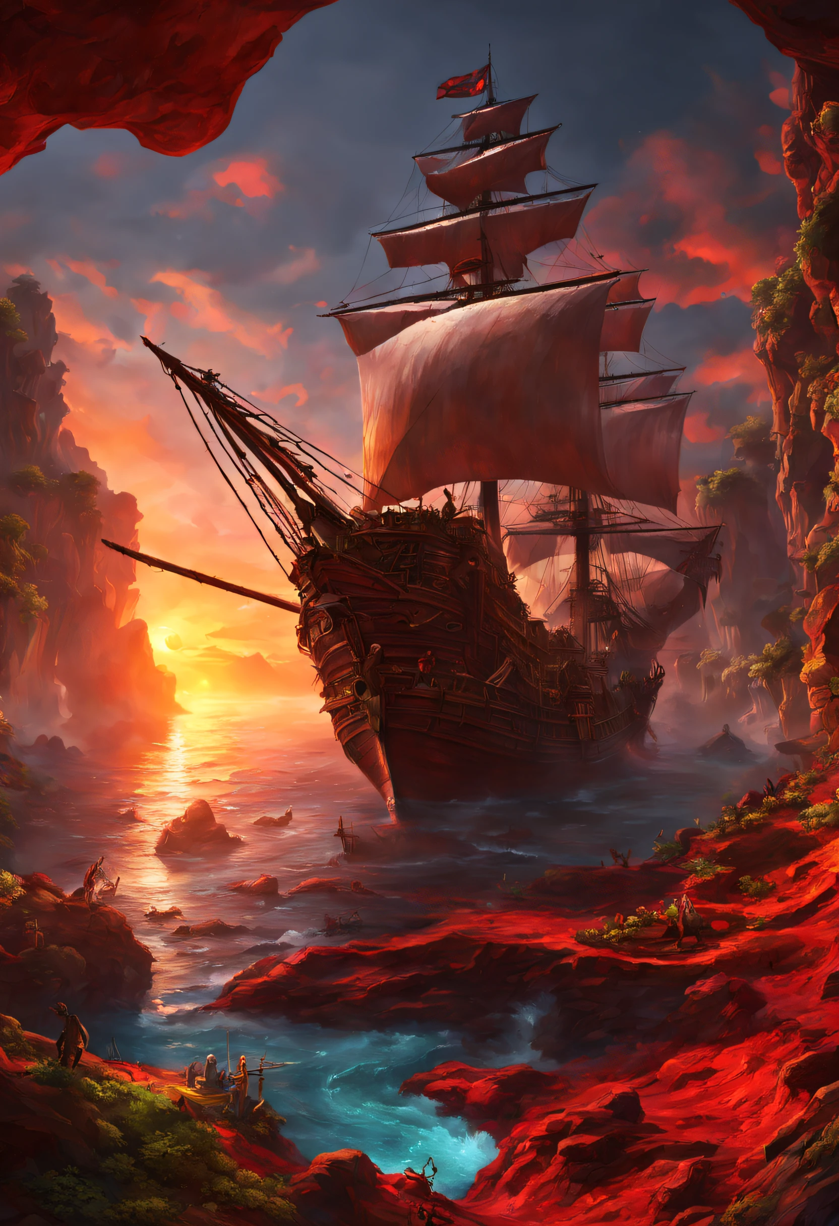 high quality, 64K Ultra HD, high detailed, Crimson Magma Pirate Expedition, Embark on a breathtaking 64K photorealistic wallpaper, where a majestic pirate ship sets sail above the fiery crimson magma of an underground realm, The ship glimmers under the sun clear sky with white clouds, creating a celestial ambiance in the hidden depths of the earth, Exotic flora and mysterious caverns add an otherworldly touch to the scene.