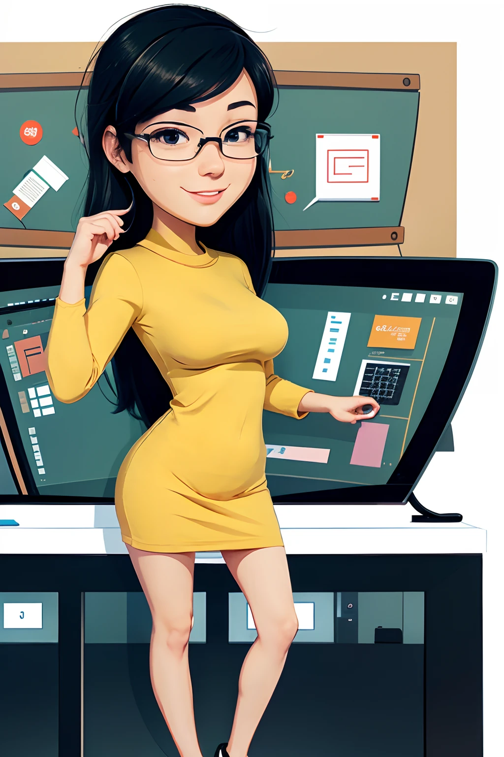 in a panoramic view，Female programmer，programming，cartoonish style