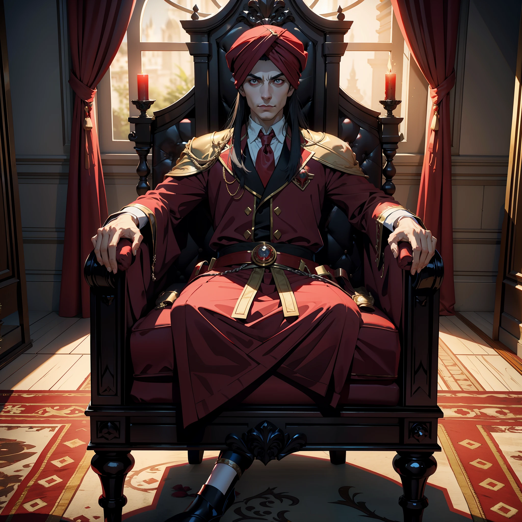 Lord Dracula in these red turban 15 Years in the Legendary Throne Room Scene View 3D Camera Scene View Three Points Perspective Shot Lower View