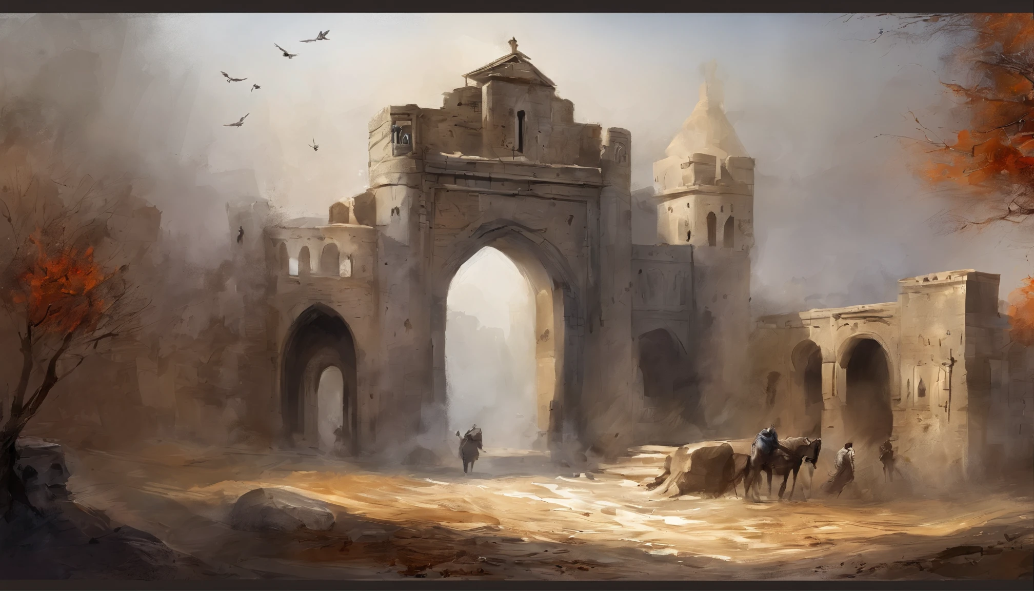 ink wash style，(Broken European-style city gates)，battlefiled，Fire on the ground，winter day、Rochas、（illustratio：1.0）、Epic composition、Realistic lighting、high definition detail、tmasterpiece、Best quality，（非常详细的 CG 统一 8k 壁纸）