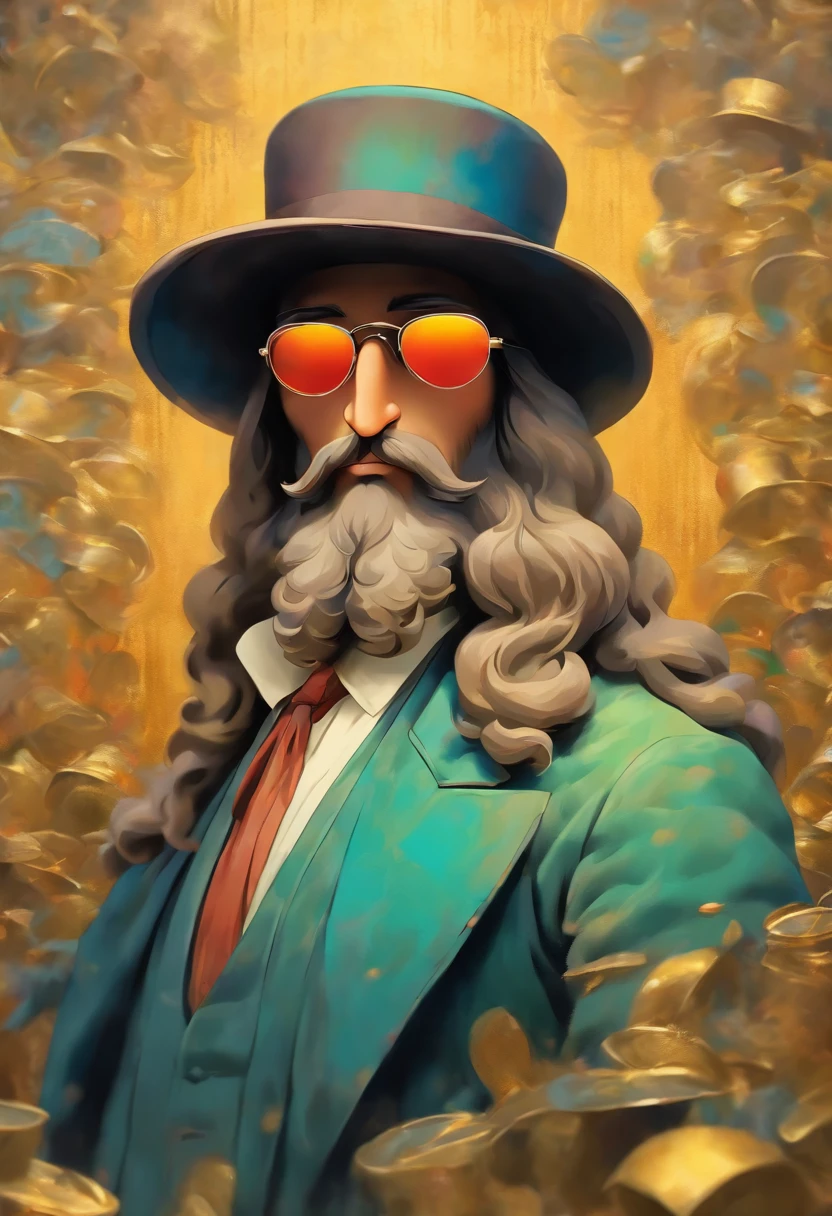 Vertical version of bowler hat, sunglasses, bearded macho version of Mona Lisa oil painting style