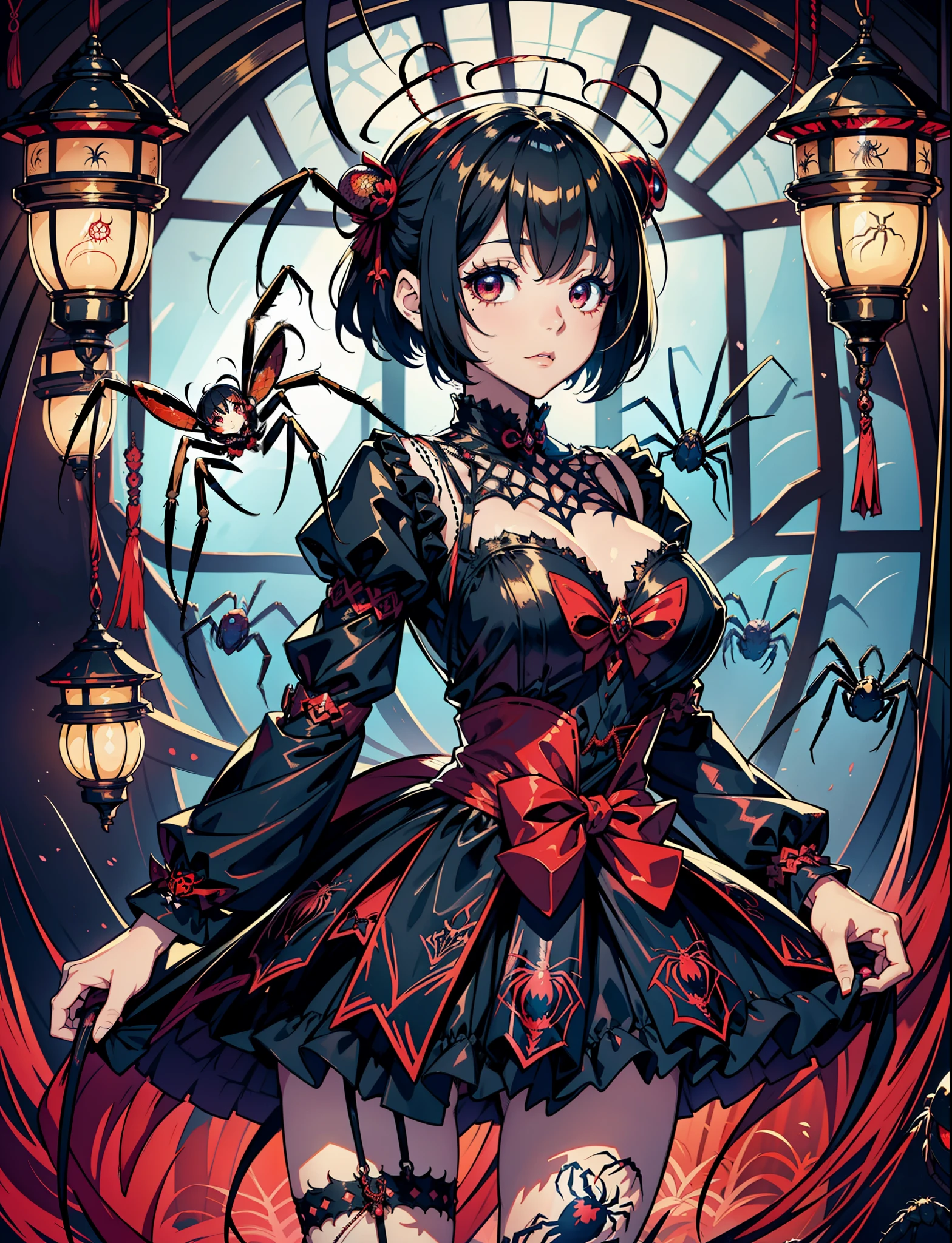 Beautiful girl fused with a spider. Girl in Japanese style maid costume. ((Female Solo. 1.1)) . hiquality. Dark fantasy style illustration. she has short hair. ratex. Shining eyes. Spider legs extending from behind her. tarantula. Embroidery with a spider web pattern. Spider web tattoo. monstergirl. Dark indoor. Wooden house.