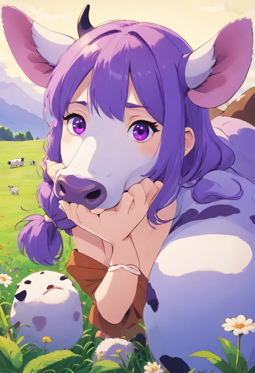 sfgshiko, mature female, big ass, ((1girl, solo)), curvy, hourglass figure, wide hips, big ass, purple hair, blue eyes, long hair, looking at viewer, makeup, (mecha horns), animal print, animal ears, cow print, ((cowprint legwear)), elbow gloves, cow tail, cow bell, neck bell, garter straps, high collar, (huge breasts, gigantic breasts, nipples, lactation, lactating), sitting, milk bottle, (((milk))), barn, meadow, pasture, hay <lora:Shiko - SF Girls v2:0.6>