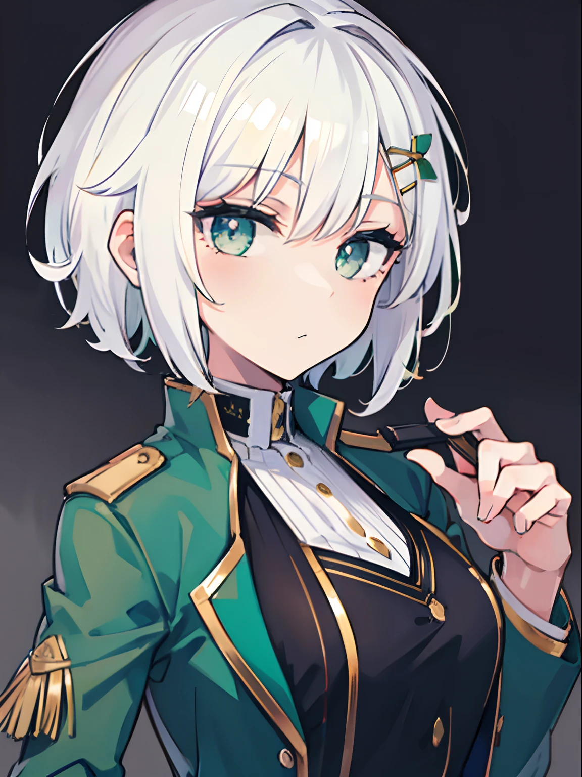 Best quality, 1girl, short hair, white hair, green eyes, green blazer, black skirt, detailed background, looking at viewer, hair ornaments, close up