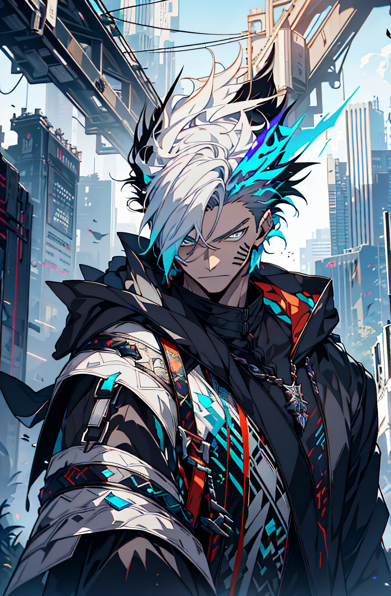 Cyberpunk male, fantasy world, dark background, clean design, epic instagram, artstation, colorful paint splatter, silhouette, hyper detailed intricate details, unreal engine, fantasy, intricate details, splash screen, complementary colors, Fantasy concept art, 8k resolution, deviantart masterpiece, oil painting, heavy strokes, paint dripping, (isolated on white background: 1.3), rainbow skin, (((handsome young man))), ((age:1.5) ), (glowing blue eyes), ((light eyes)), ((((short white hair: 1.1))), ((black clothes)), (prince\\(indifferent expression\\),, ( ((Wears high detail luxurious black robe))), white hair, (chest) --v 6